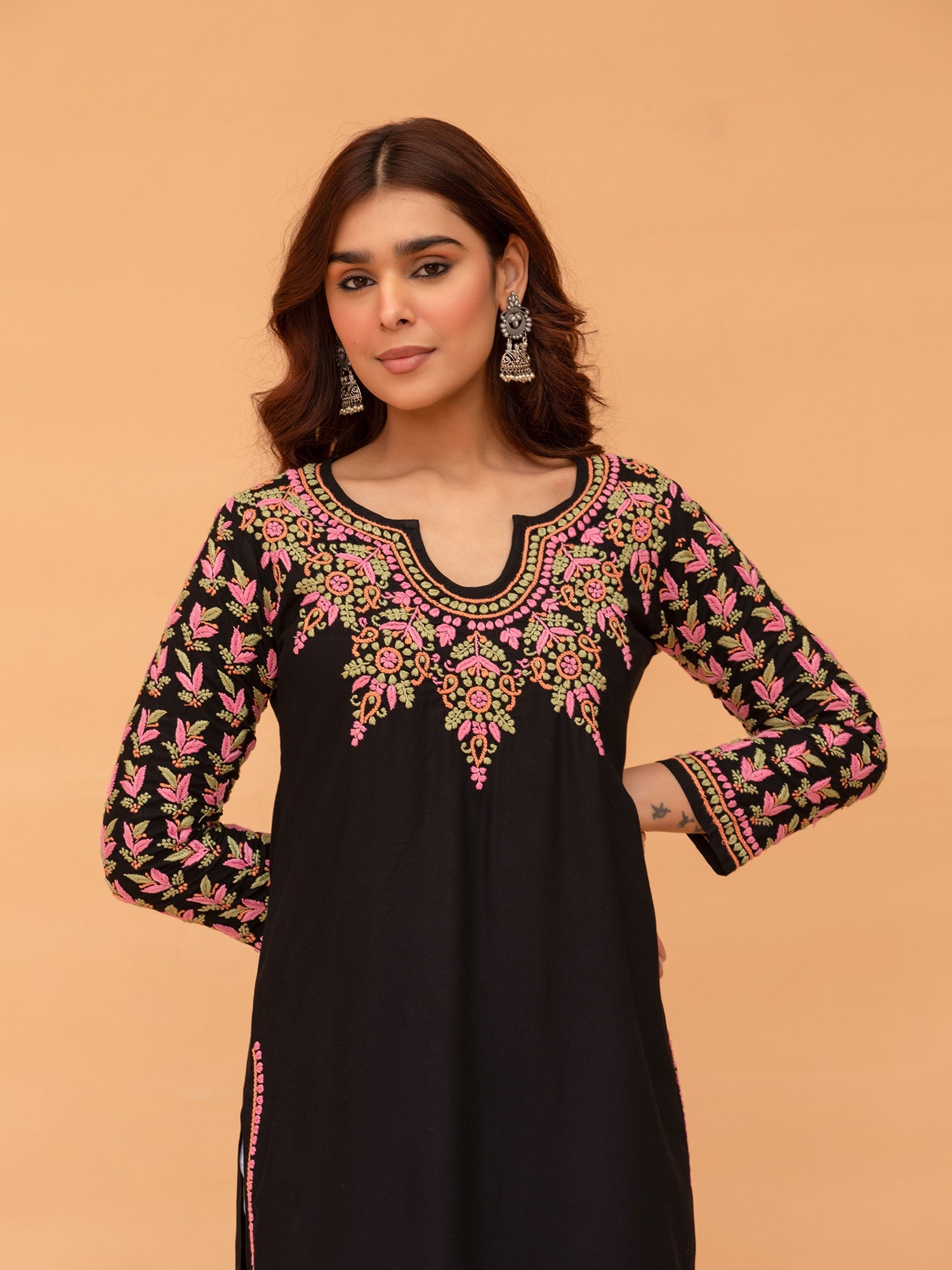 Komal x HOK Saba Chikankari Long Kurta in Rayon Cotton - Black