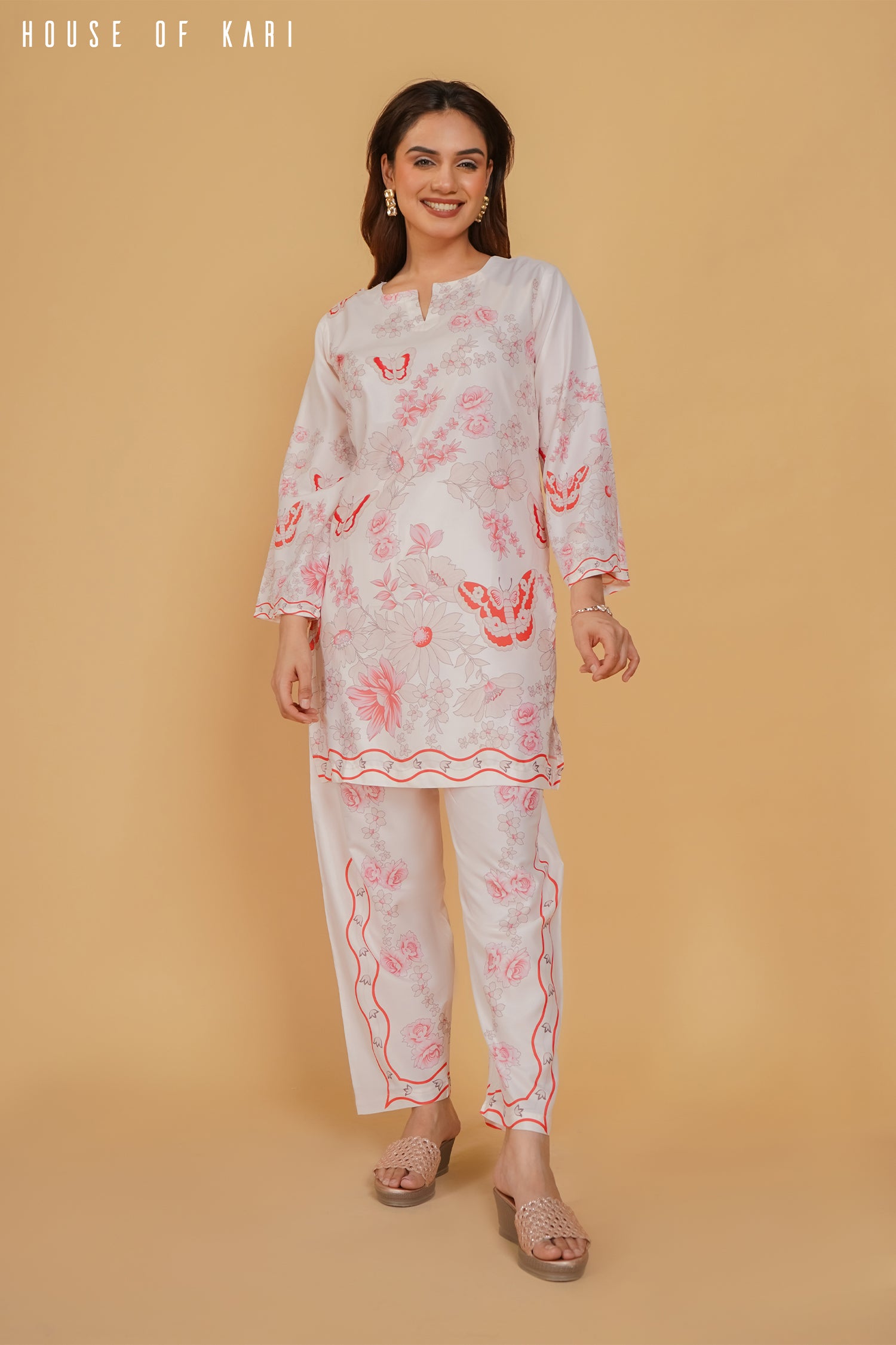 Printkari Poly Muslin Co-ord set in Pink with Red