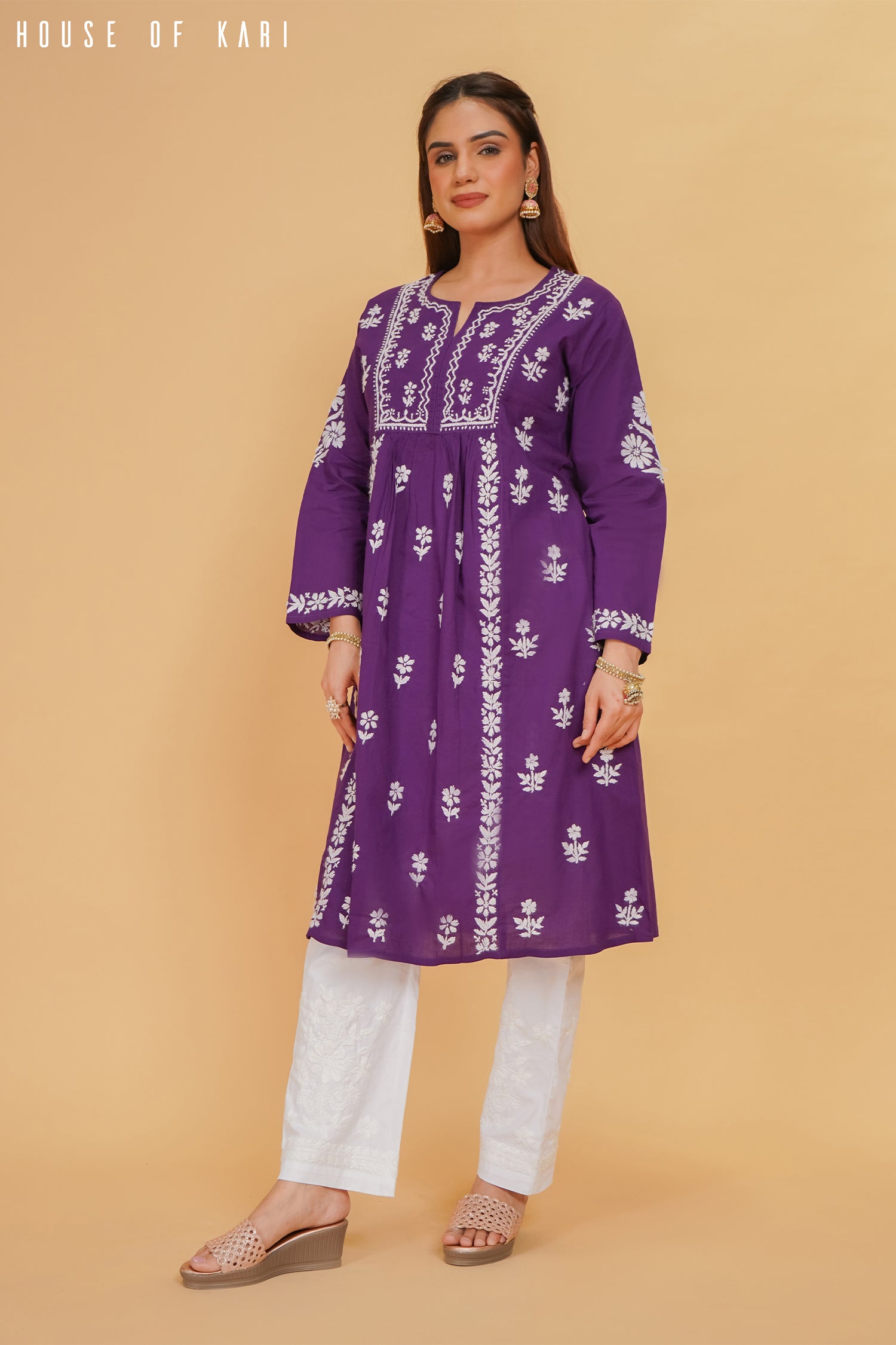Cotton Chikankari Flared Kurta in Purple