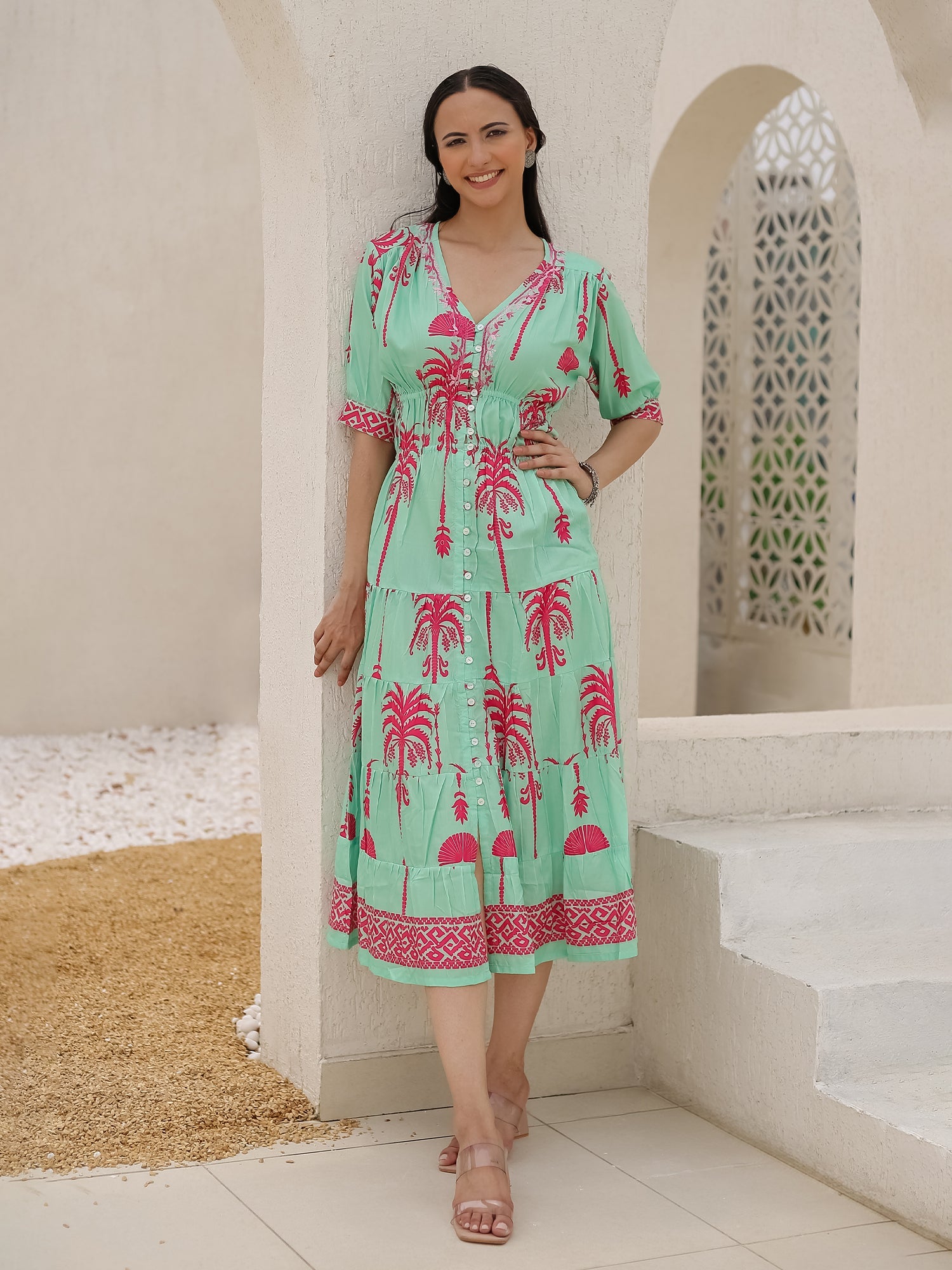 Saba Chikanakri Dress in Printed Poly Muslin - Tourquise blue
