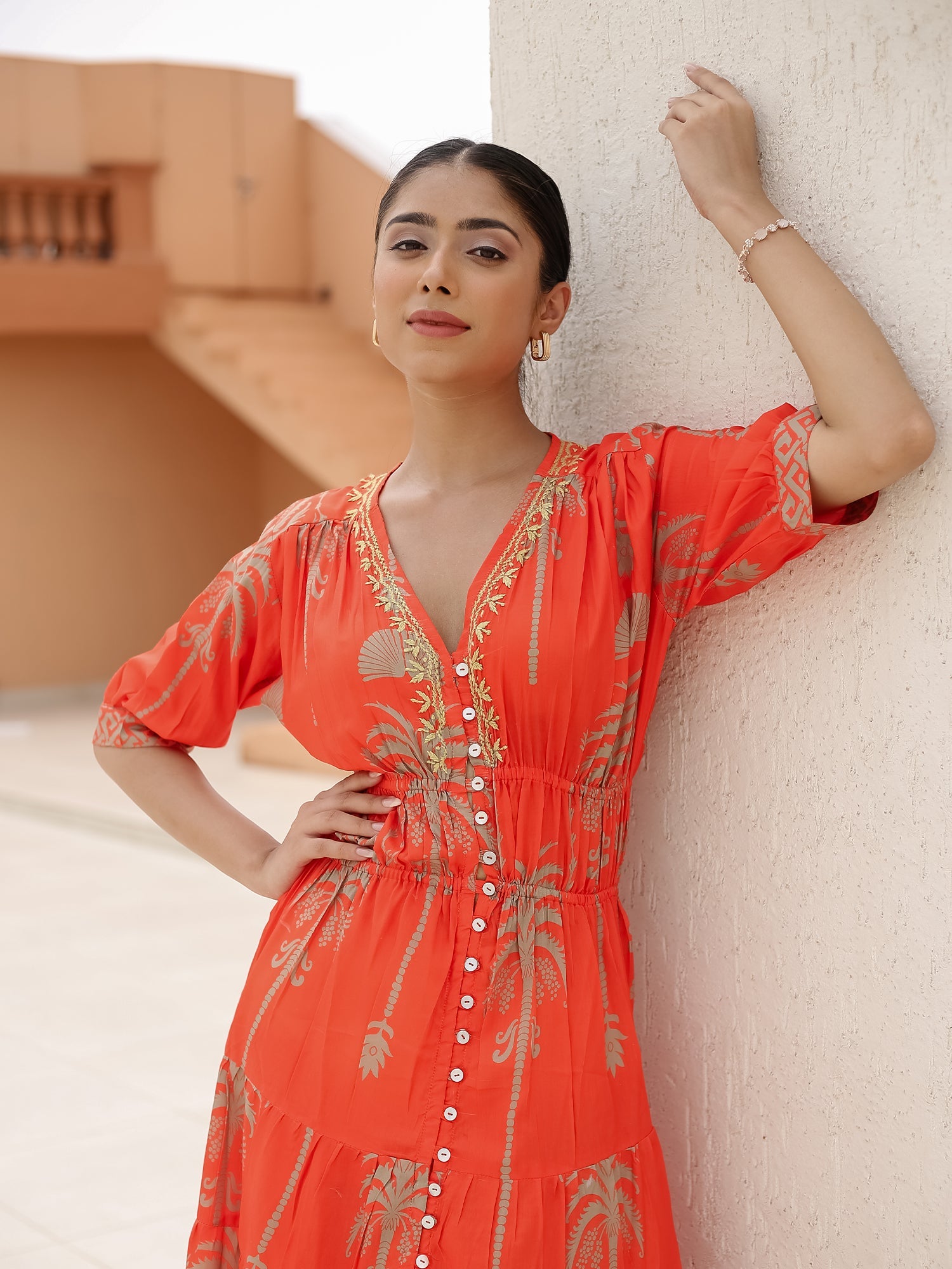 Saba Chikanakri Dress in Printed Poly Muslin - Orange