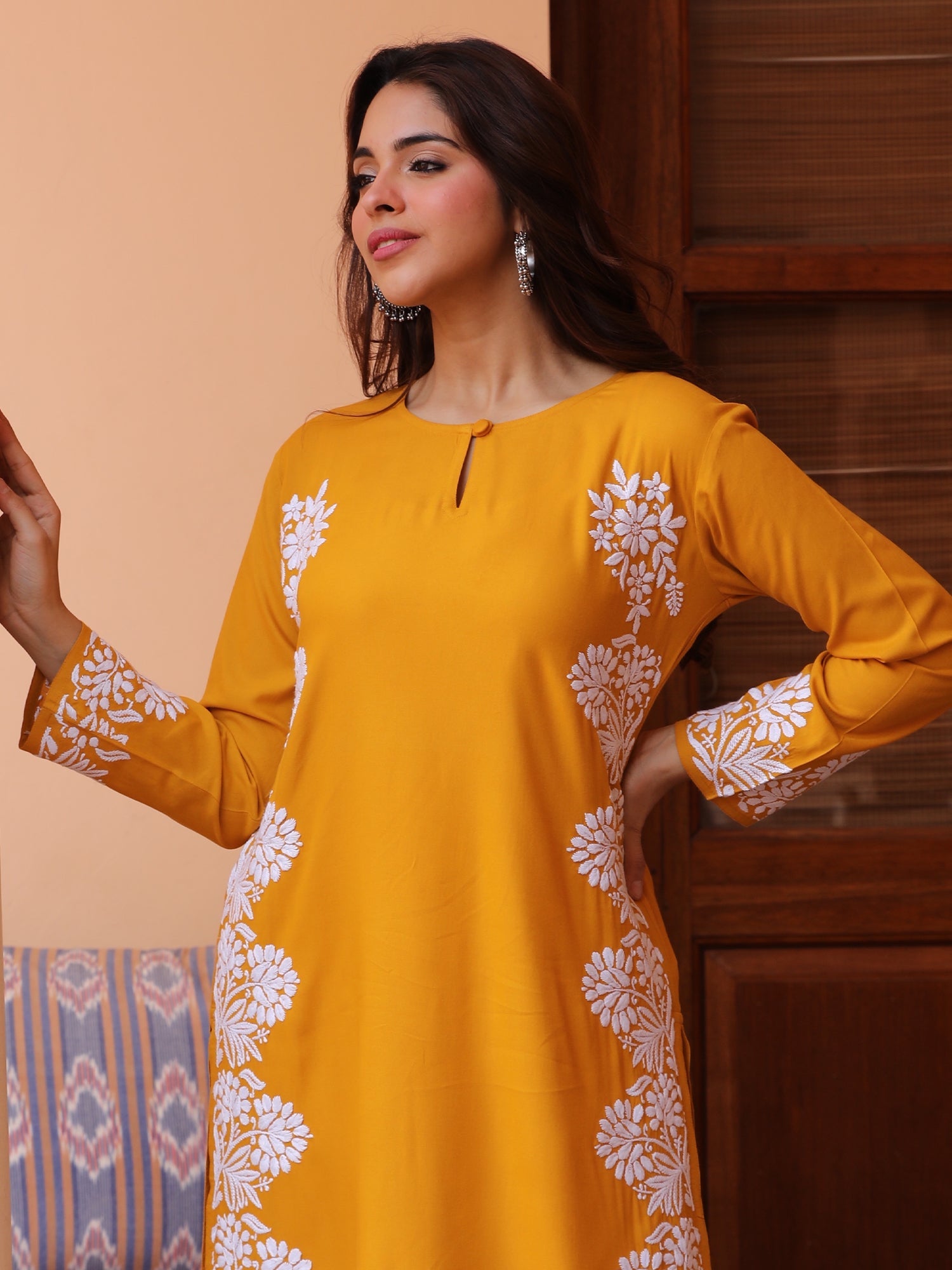 Saba Chikankari Long Kurta in Rayon cotton - Mustard