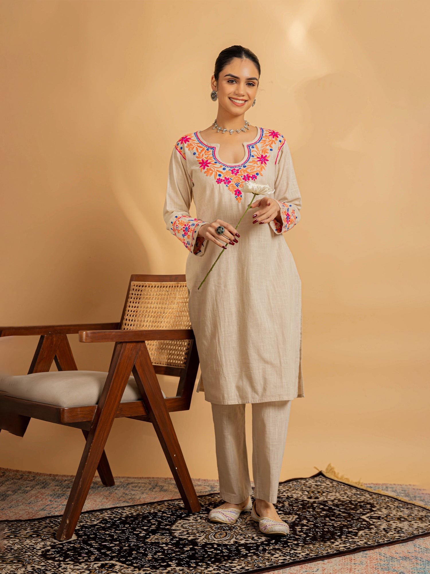 Mansi in Saba Chikankari in Cotton Kurta Set for Women - Beige