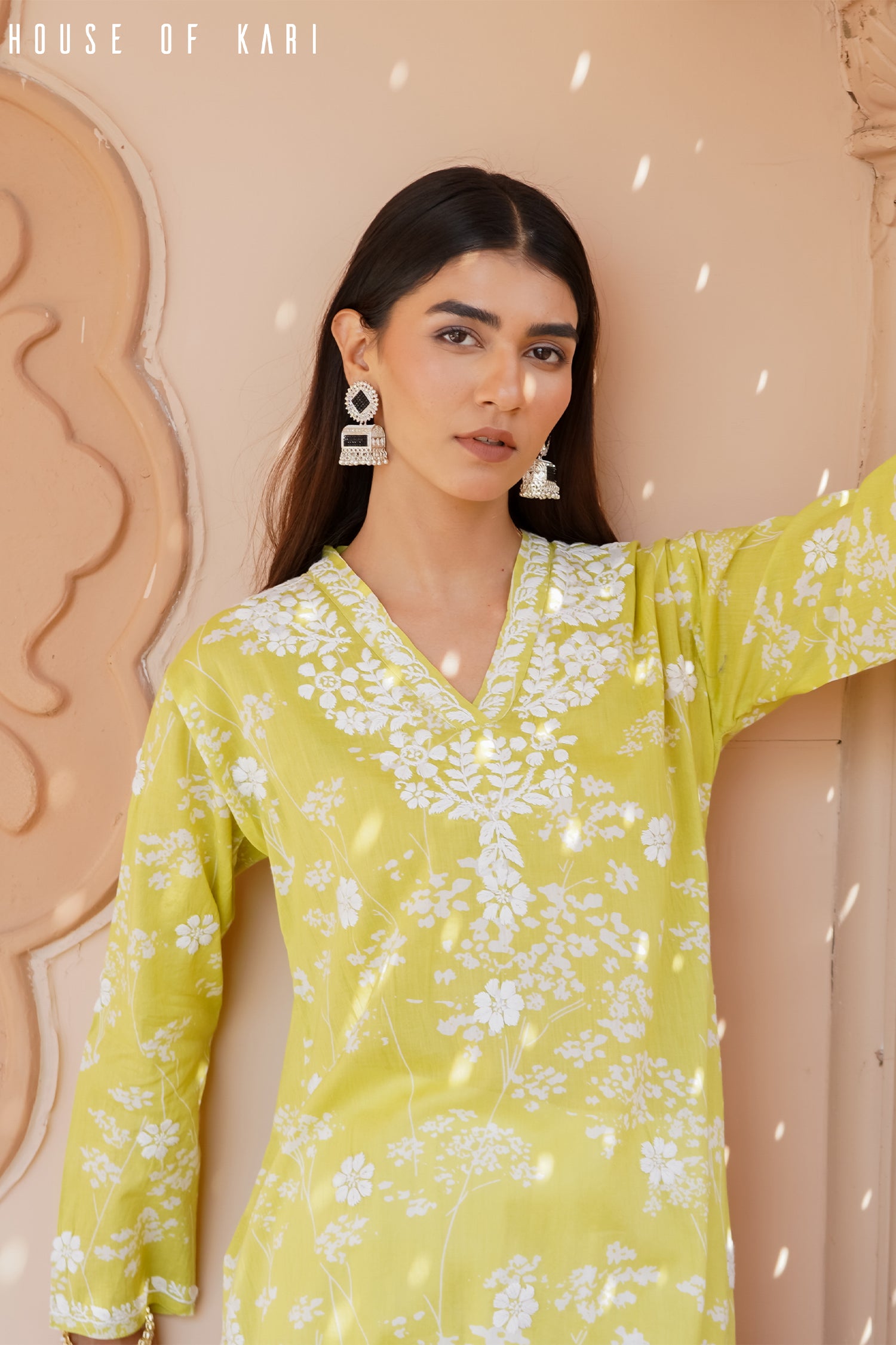 Mul Cotton Chikankari Long Kurta in Green