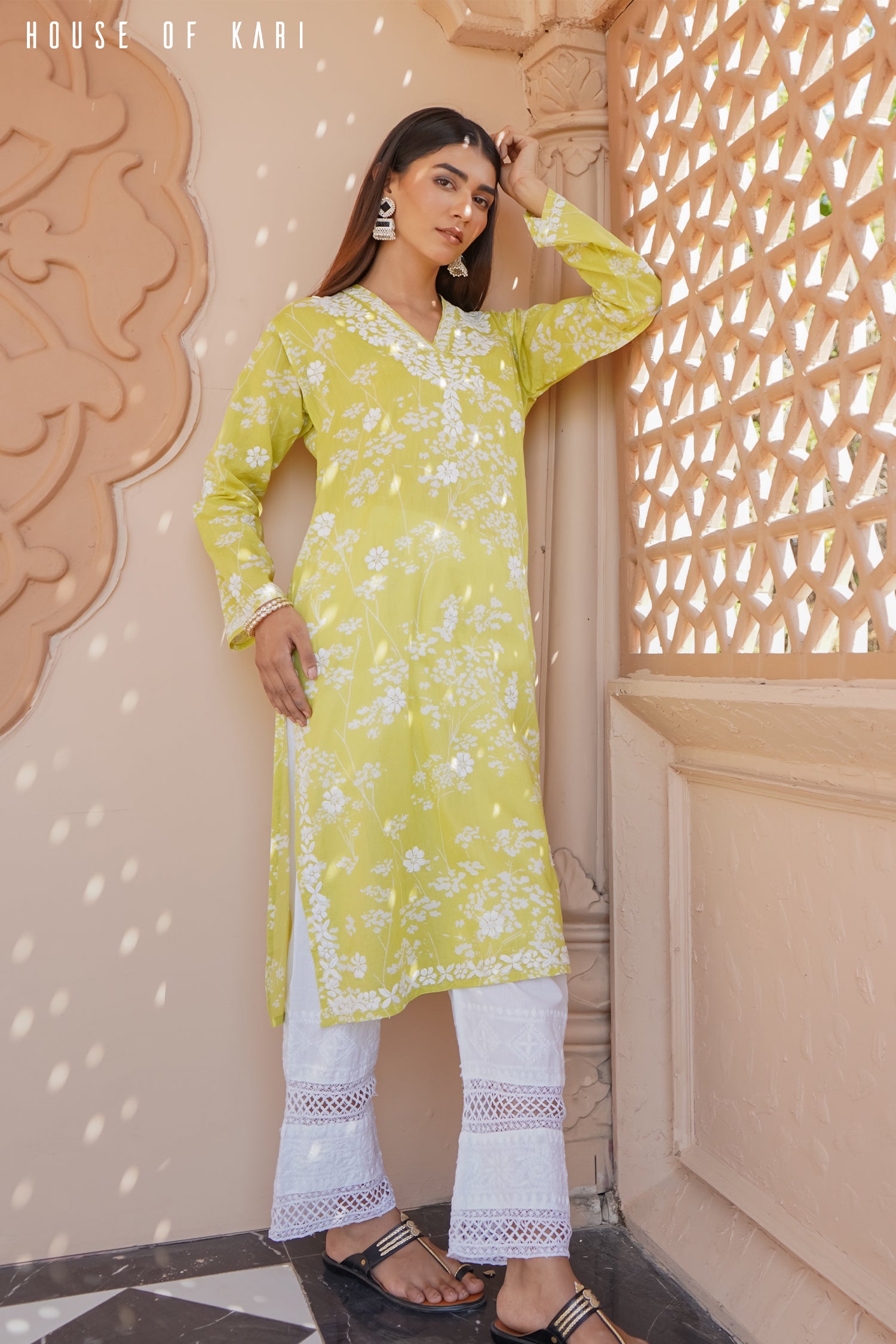 Mul Cotton Chikankari Long Kurta in Green