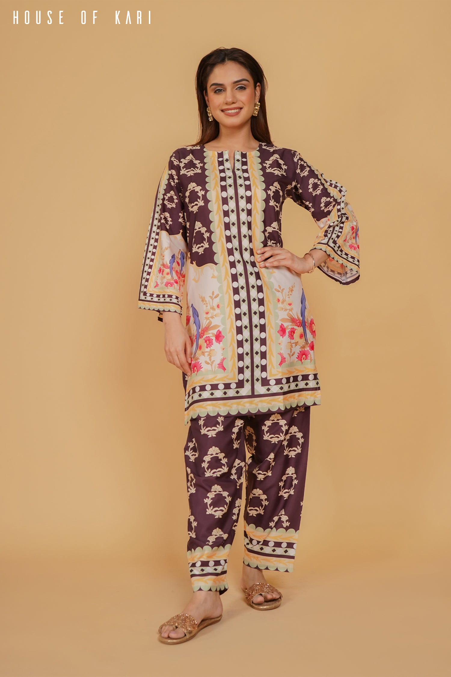 Printkari Poly Muslin Co-ord set in Brown Mulicolour