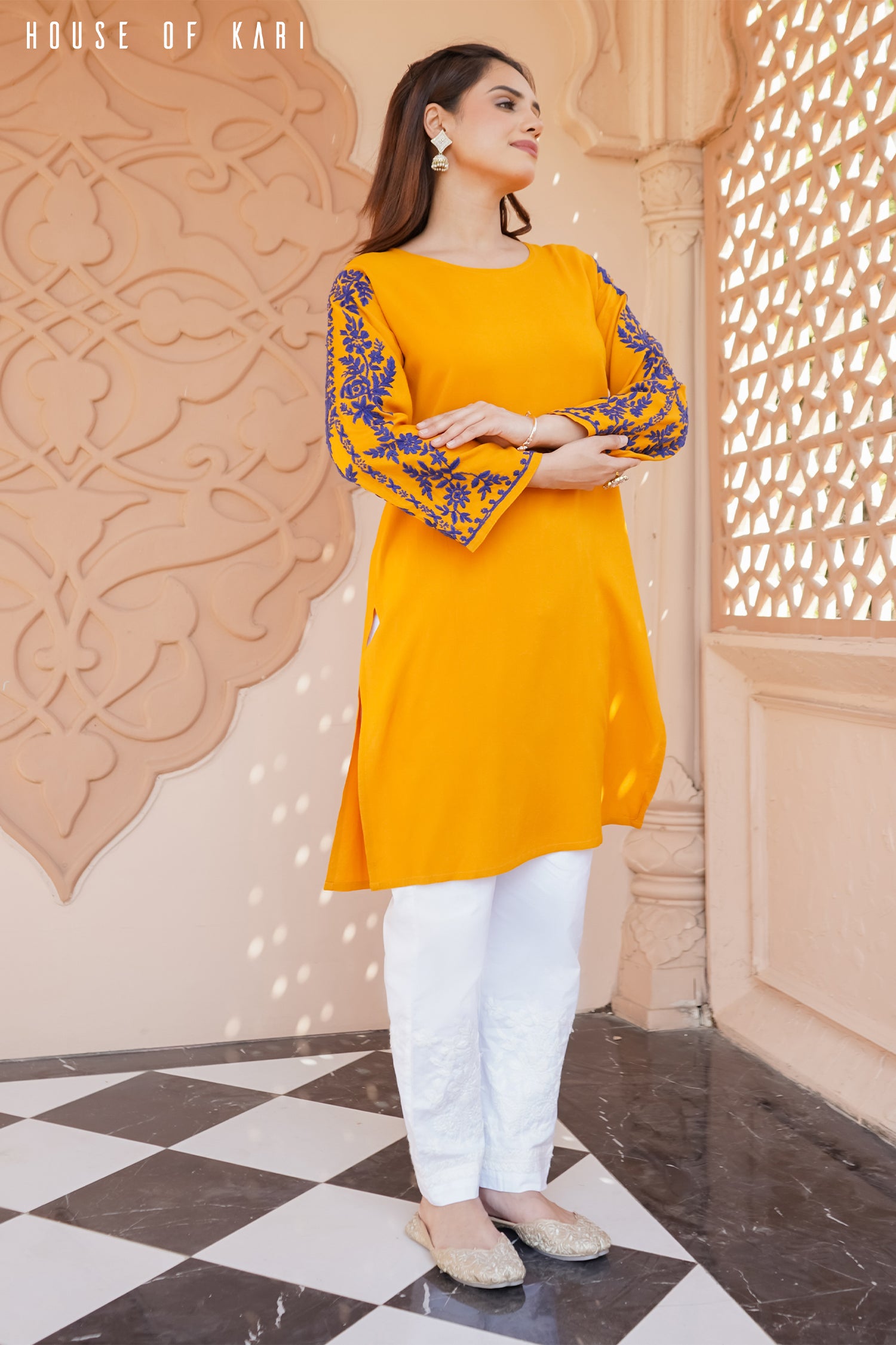 Rayon Chikankari Medium Kurta in Mustard