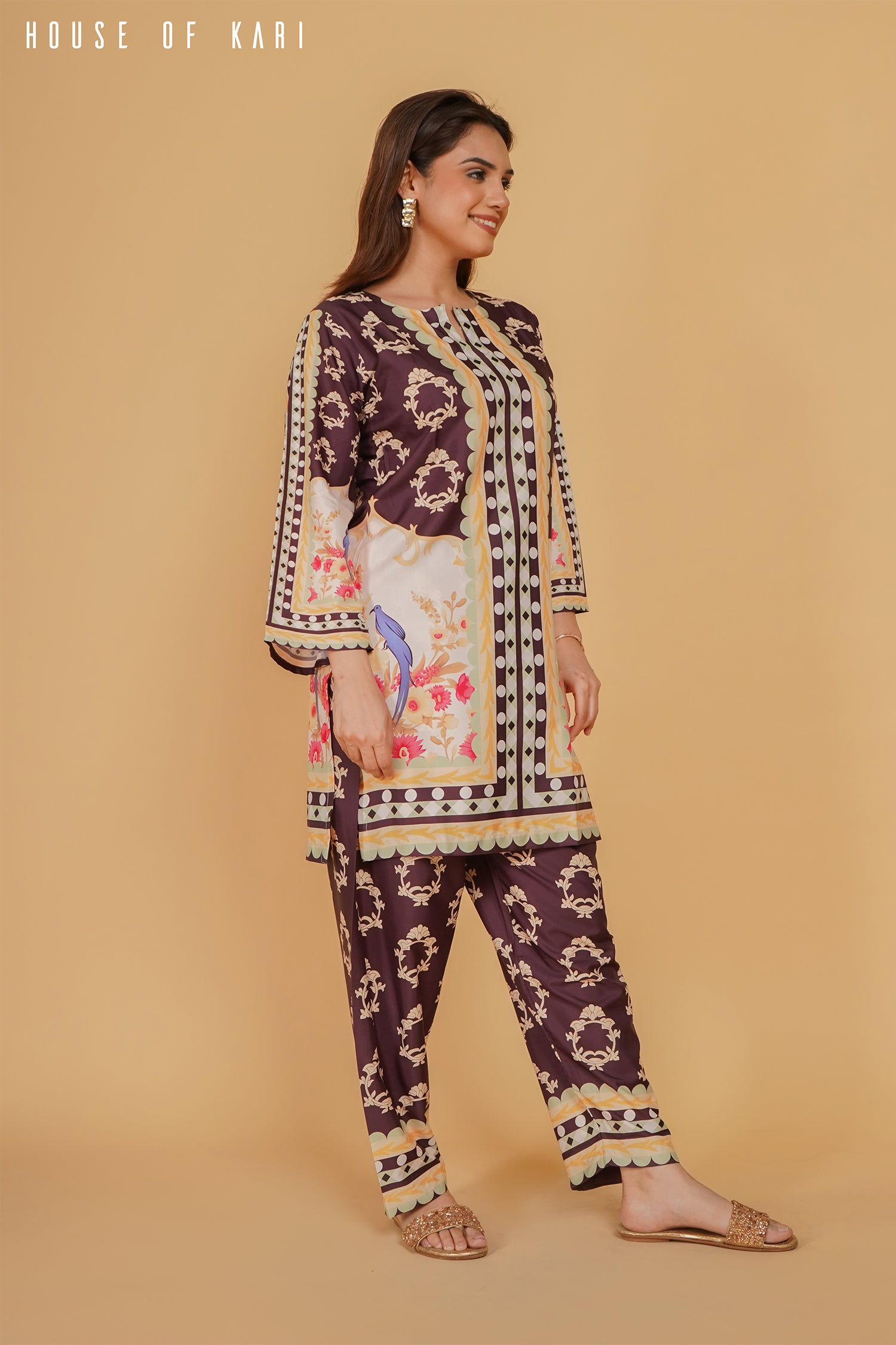 Printkari Poly Muslin Co-ord set in Brown Mulicolour