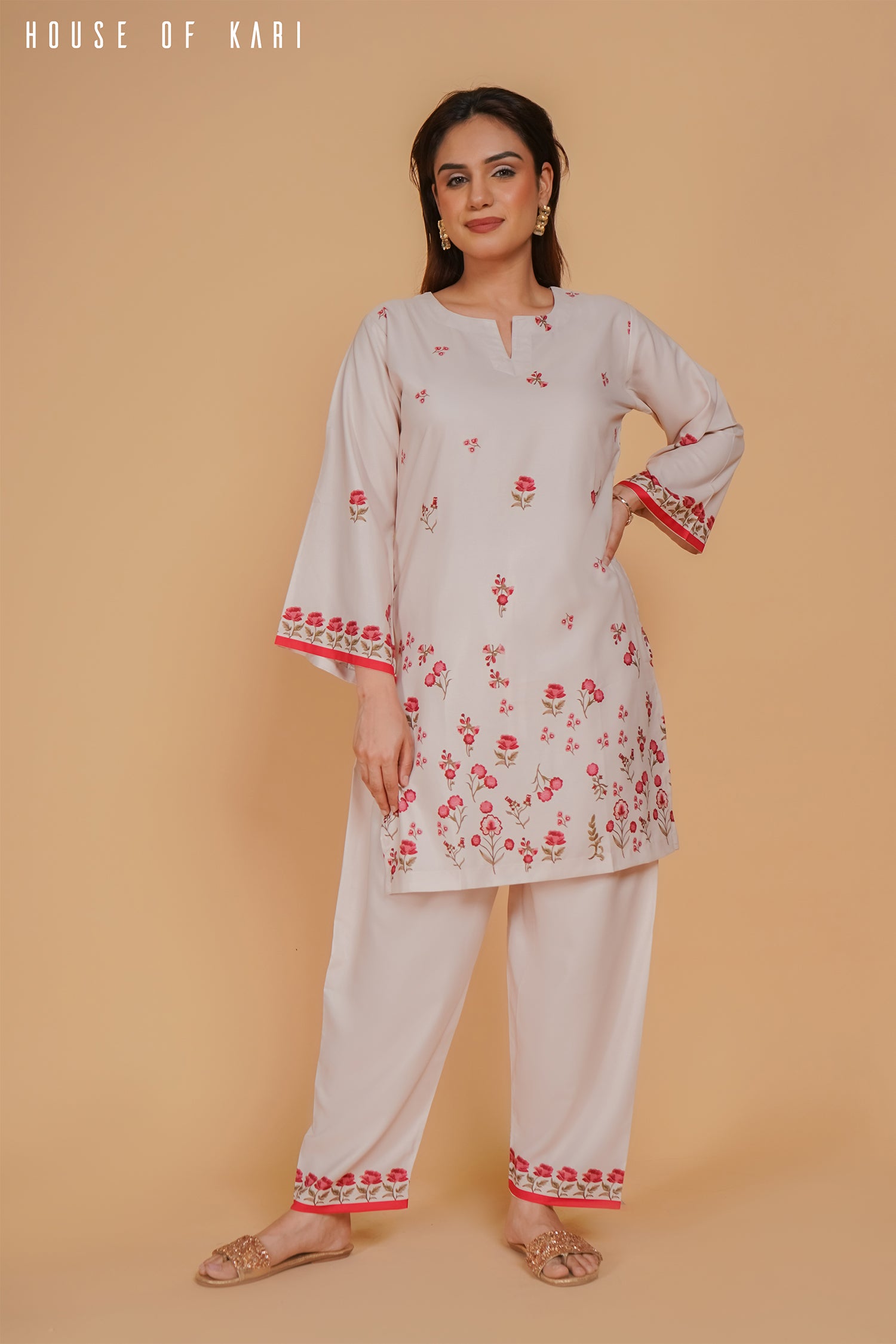 Anureet in Printkari Poly Muslin Co-ord set in Off White Red