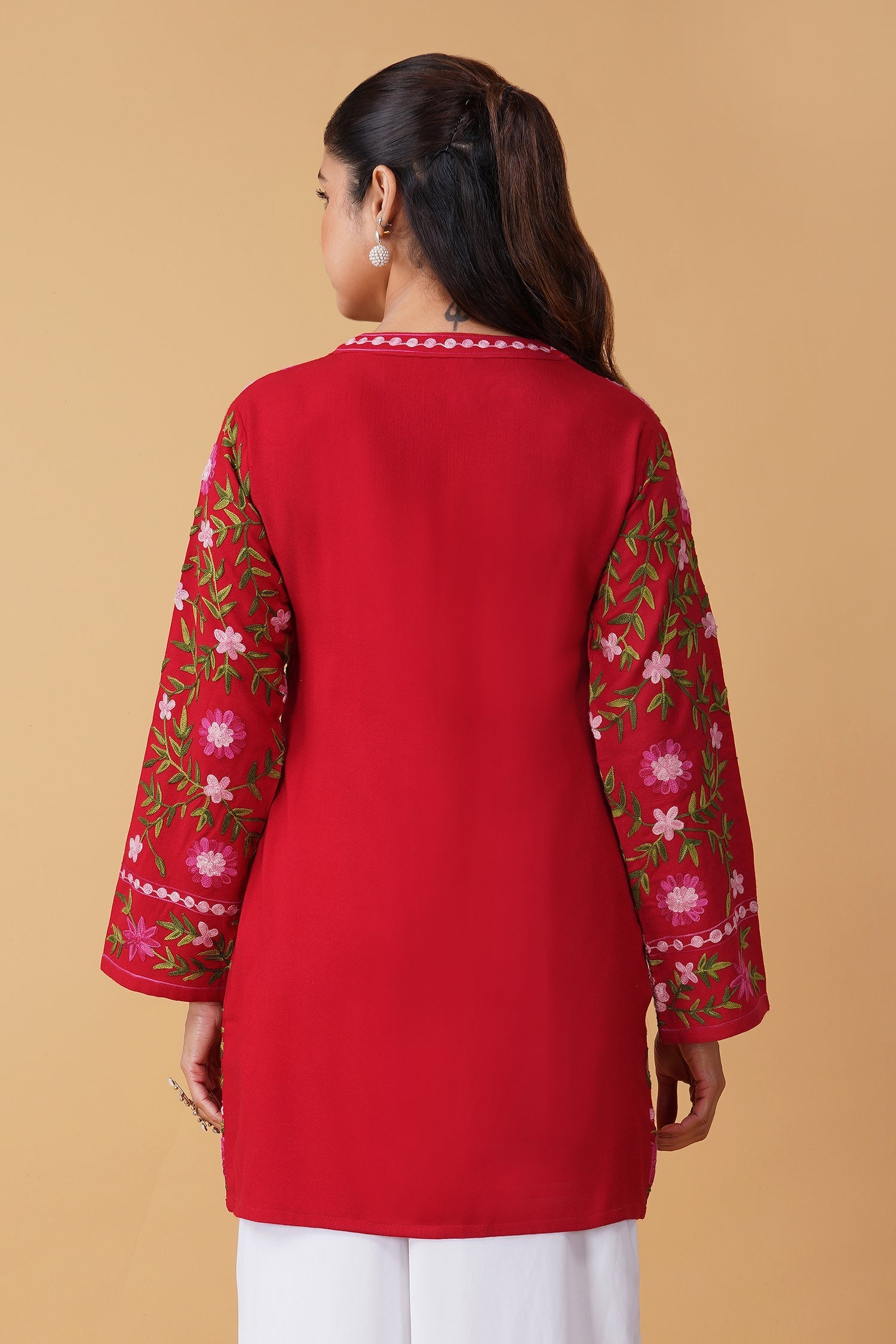 Cotton Kashmiri Aari Embroidered Jacket – Red Floral