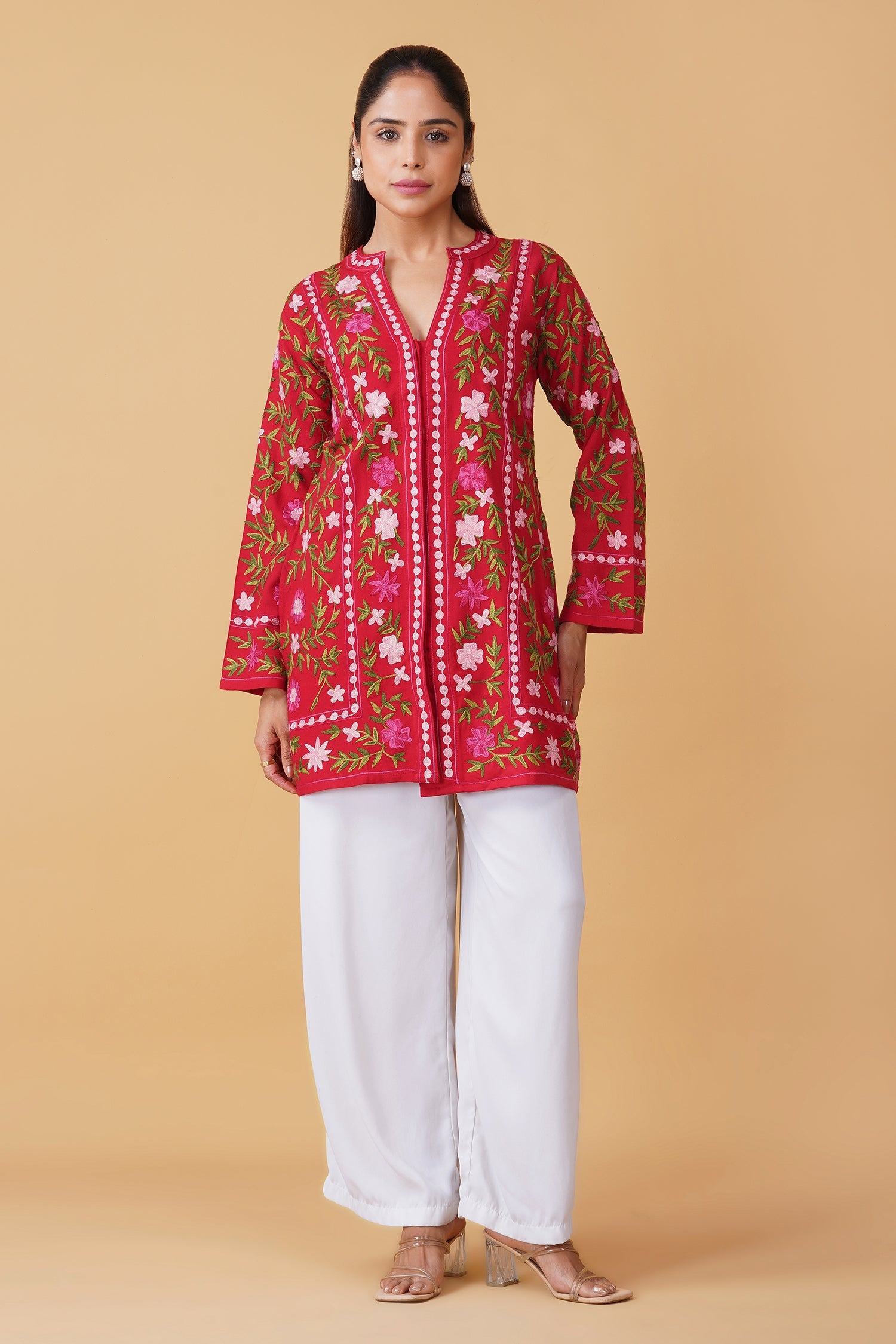 Cotton Kashmiri Aari Embroidered Jacket – Red Floral
