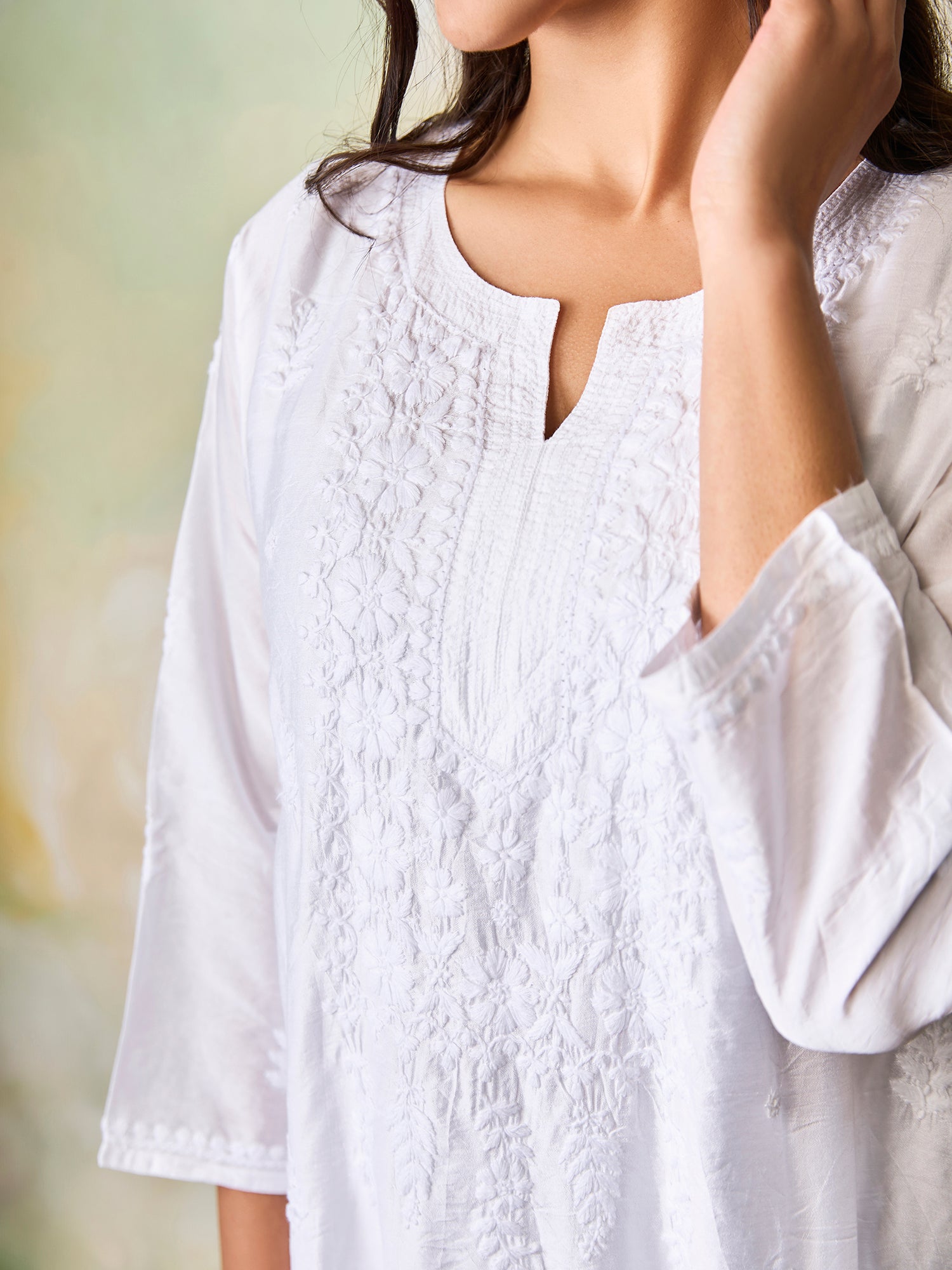 Hand Embroidery Chikankari Long Kurti for Women In Chanderi Silk White-6