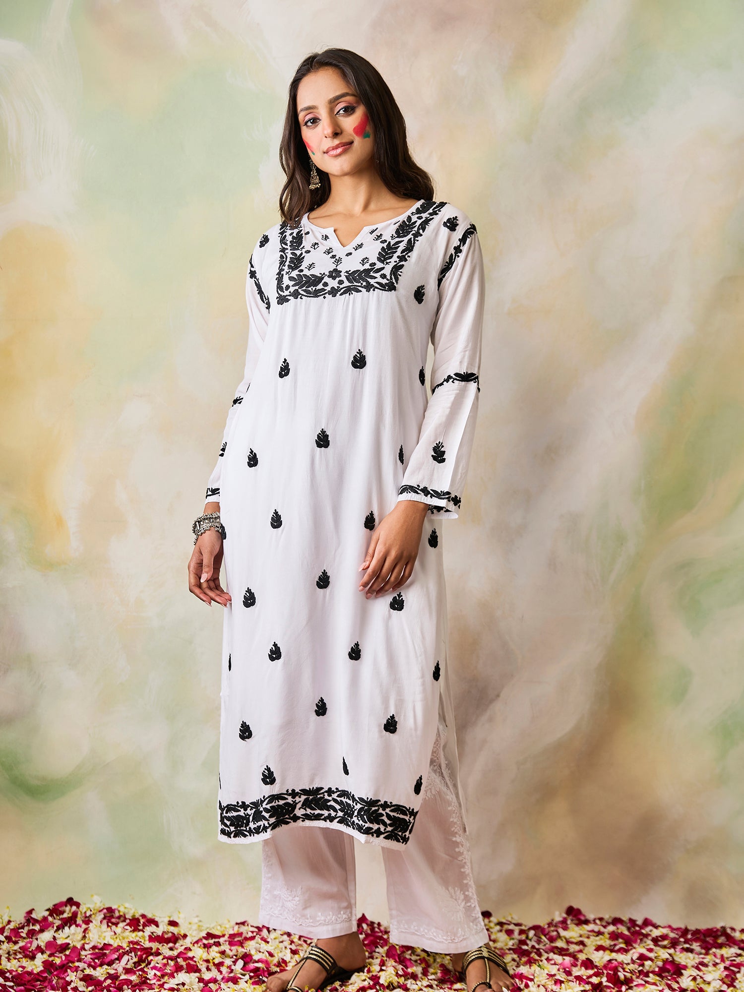Noor HOK Muslin Chikankari kurti for Women- White With Black