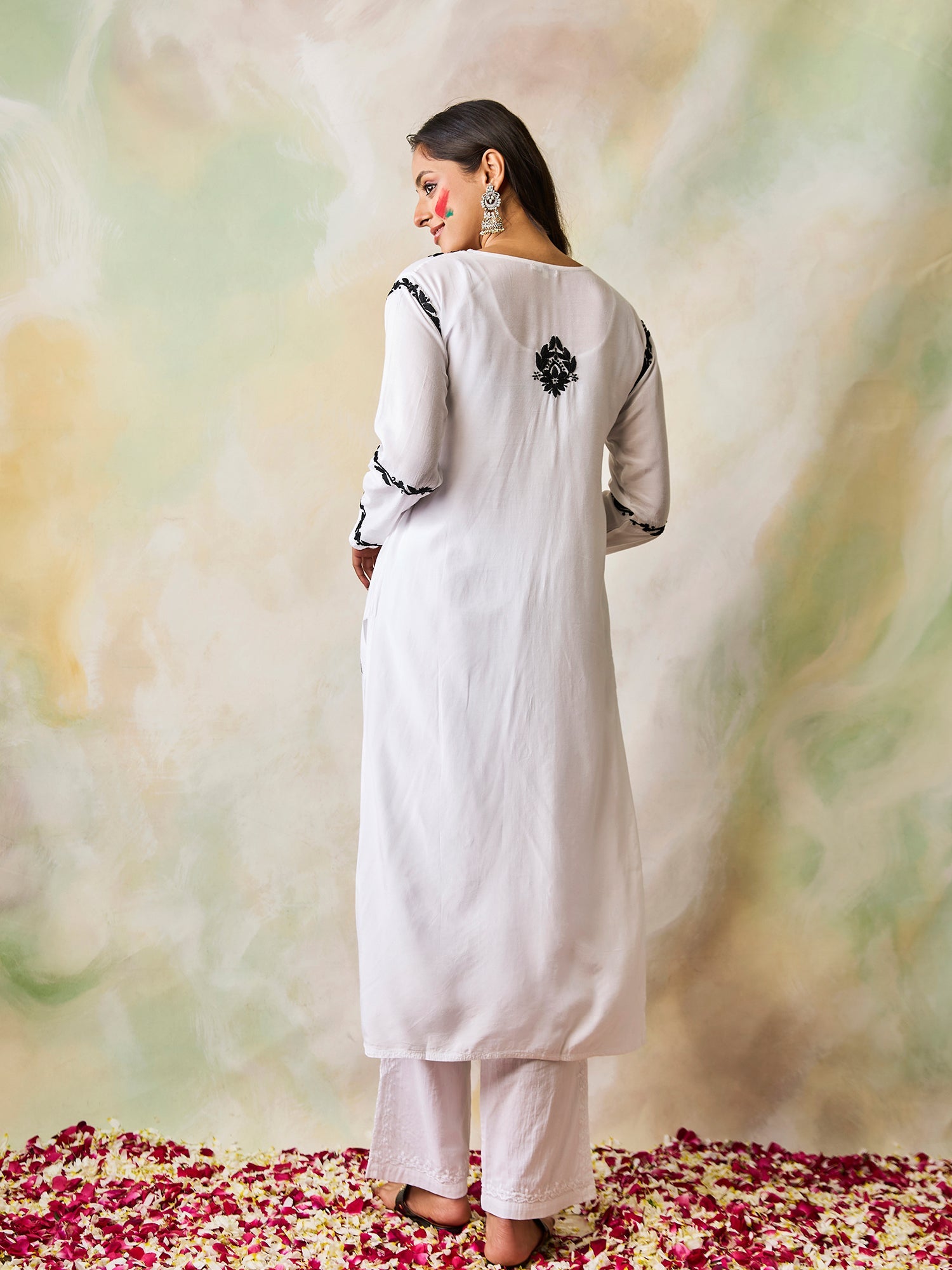 Noor HOK Muslin Chikankari kurti for Women- White With Black