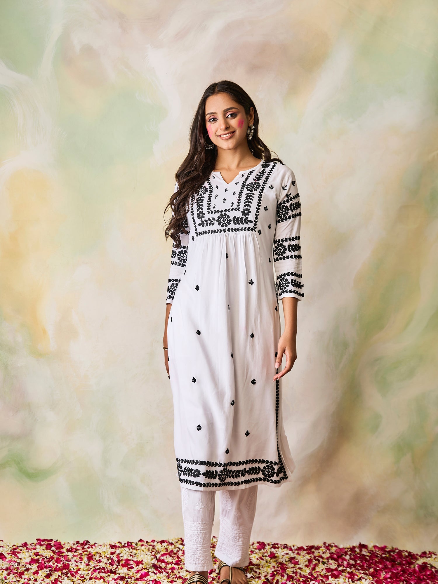 Samma Chikankari Long Kurta in Rayon Cotton for Women- White With Black