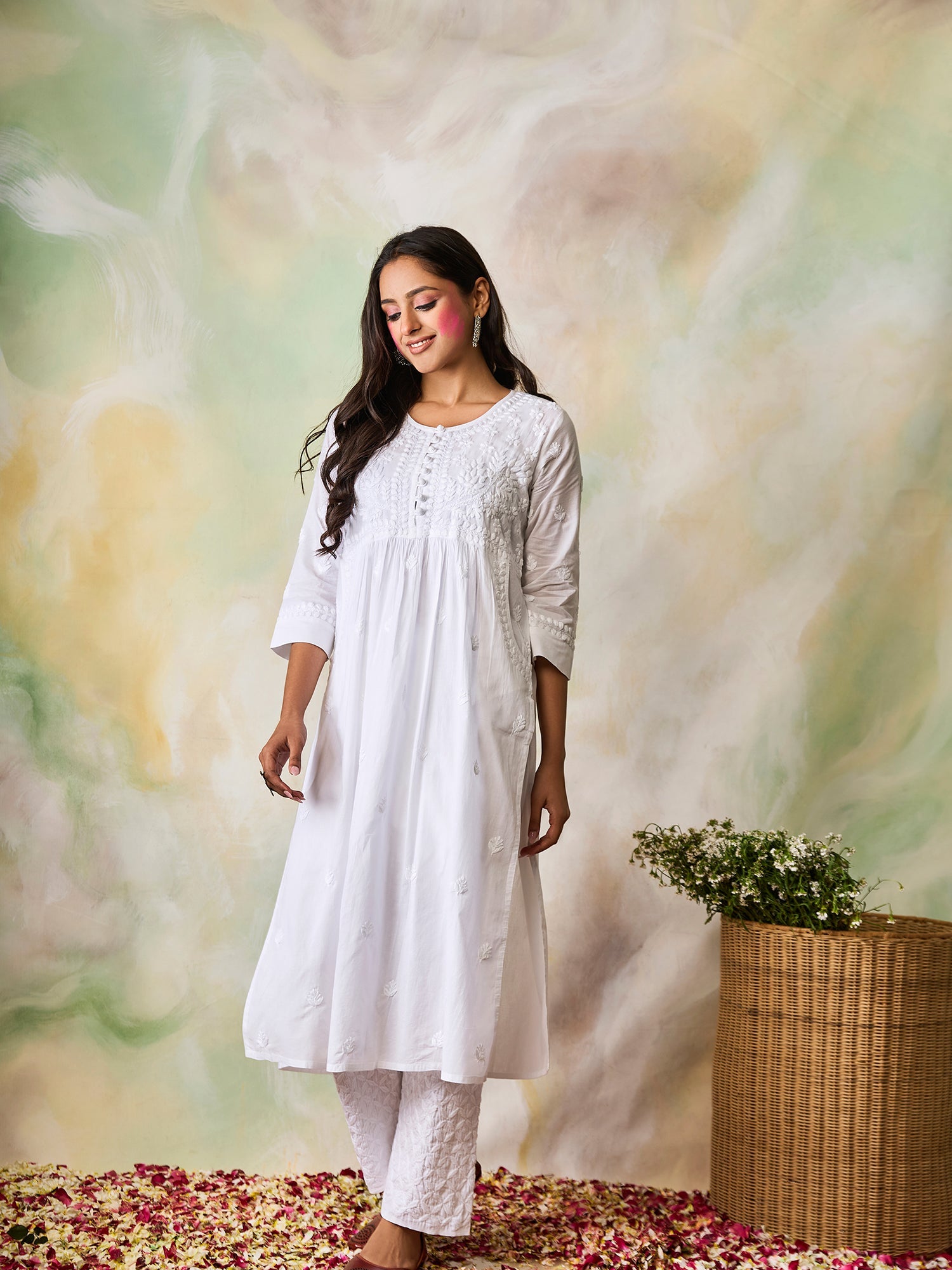 Hand embroidery Chikankari Long Kurta-White