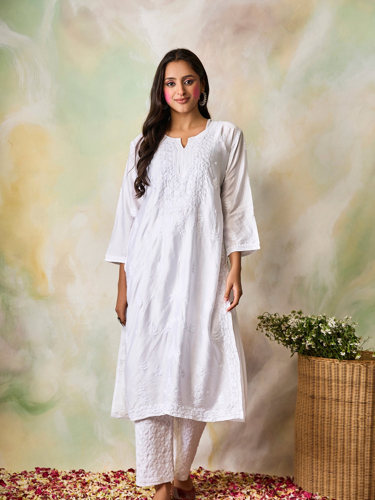 Hand Embroidery Chikankari Long Kurti for Women In Chanderi Silk White-6