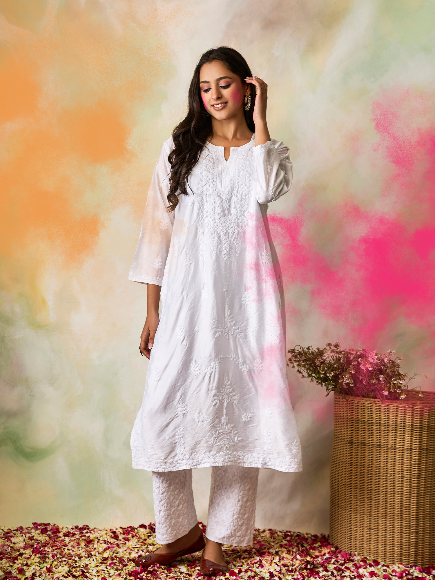 Hand Embroidery Chikankari Long Kurti for Women In Chanderi Silk White-6
