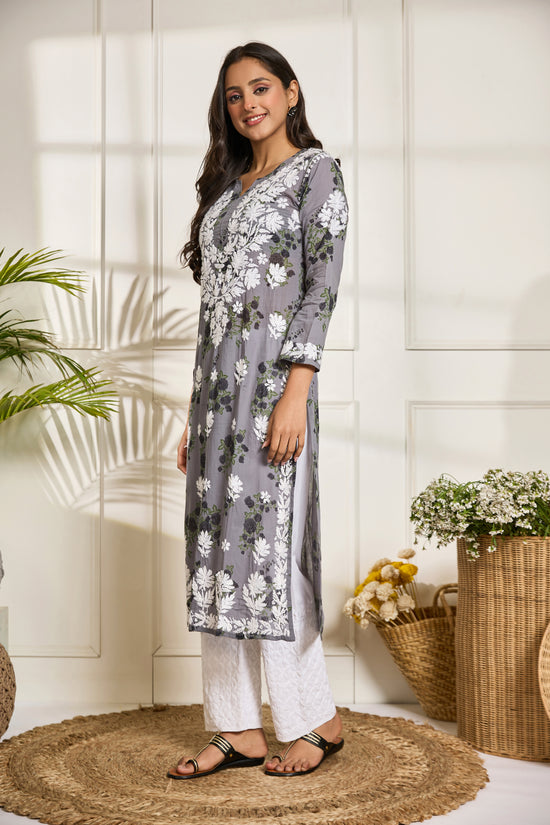 Saba Chikankari Kurta in Mul cotton in Grey print