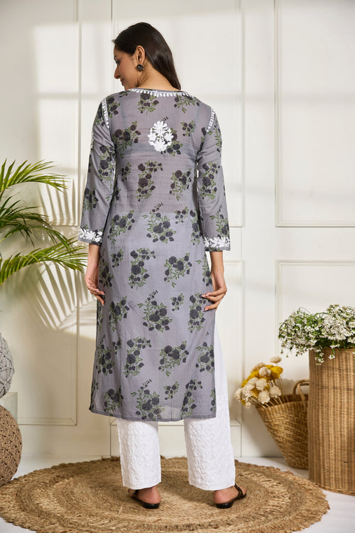 Saba Chikankari Kurta in Mul cotton in Grey print