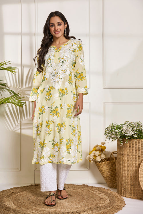 Saba Chikankari Kurta in Mul cotton in Lemon Yellow print