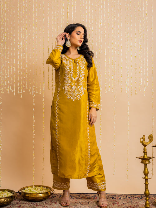 Fizaa's Silk Chikankari Kurta Set for Women - Mustard Yellow