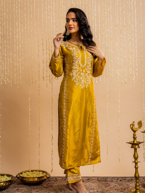 Saba Silk Chikankari Kurta Set for Women - Mustard Yellow