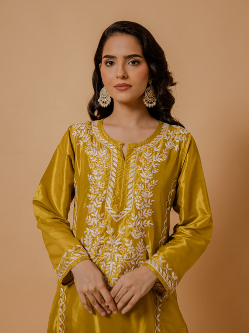 Fizaa's Silk Chikankari Kurta Set for Women - Mustard Yellow