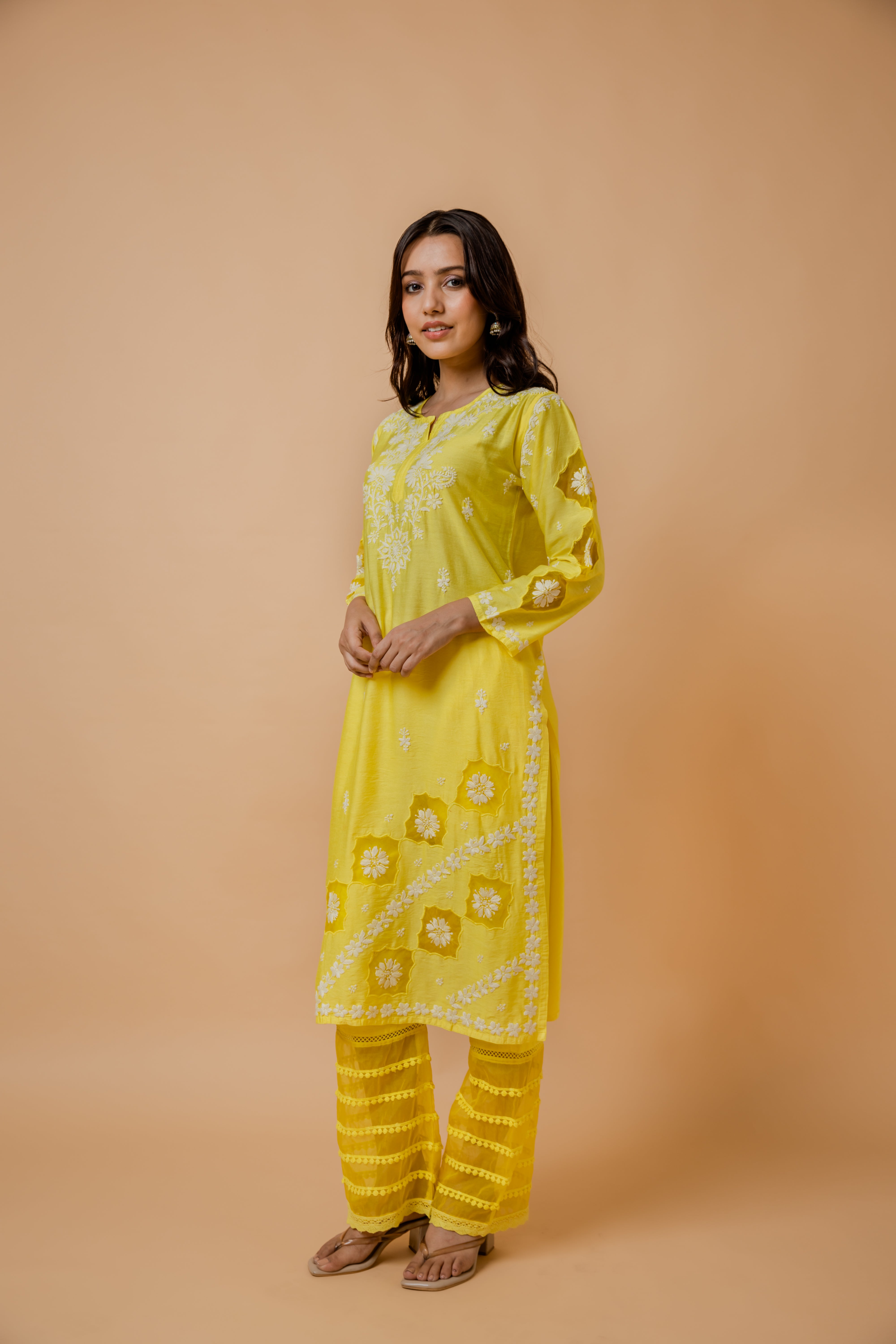 Fizaa Yellow Chikankari Chanderi Silk Kurta