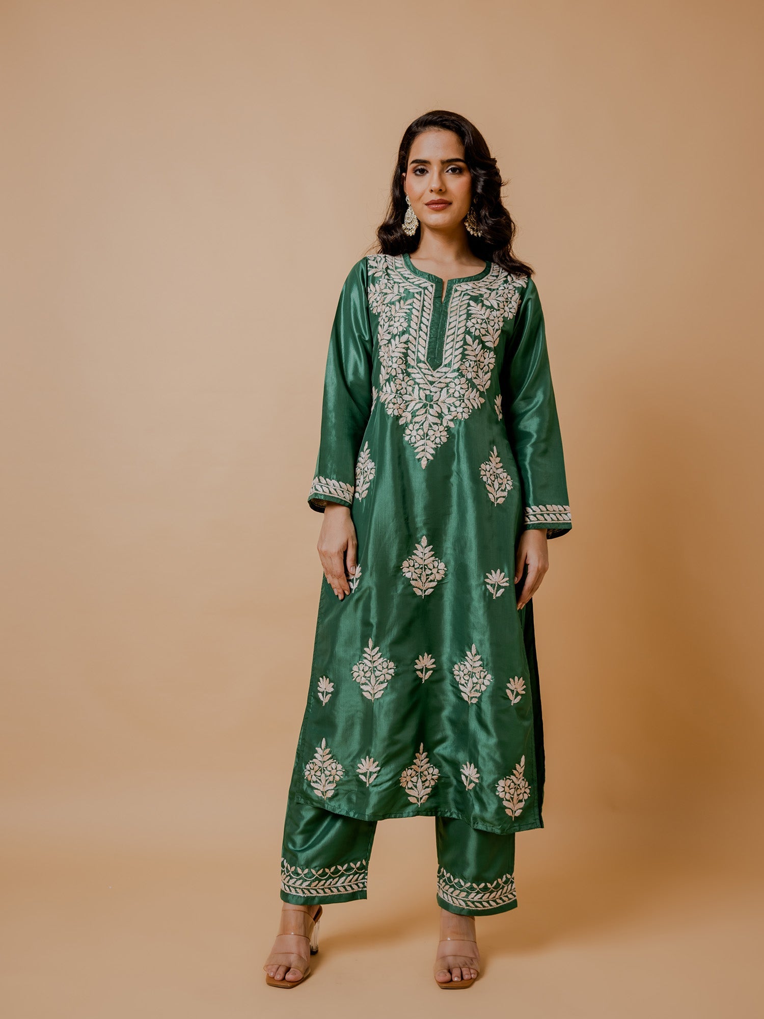 Saba Silk Chikankari Kurta Set for Women - Mehndi Green