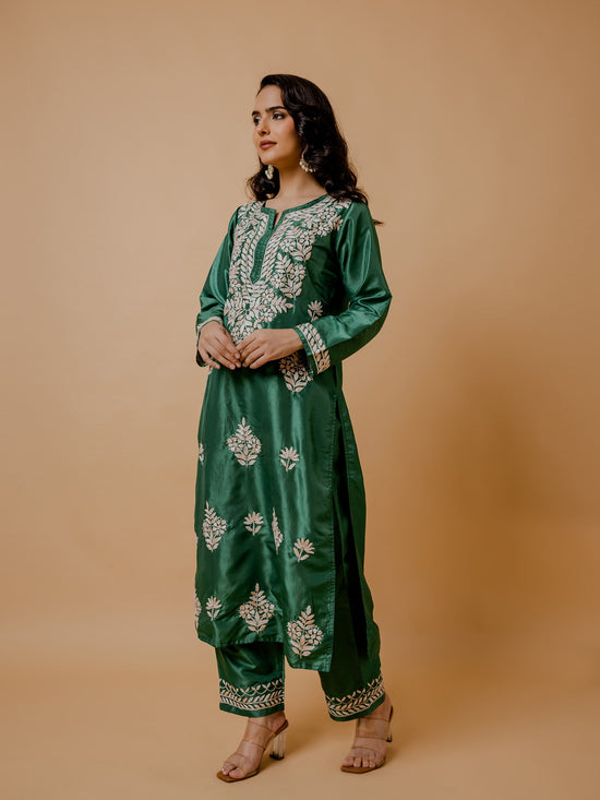 Urmi in Silk Chikankari Kurta Set for Women - Mehndi Green