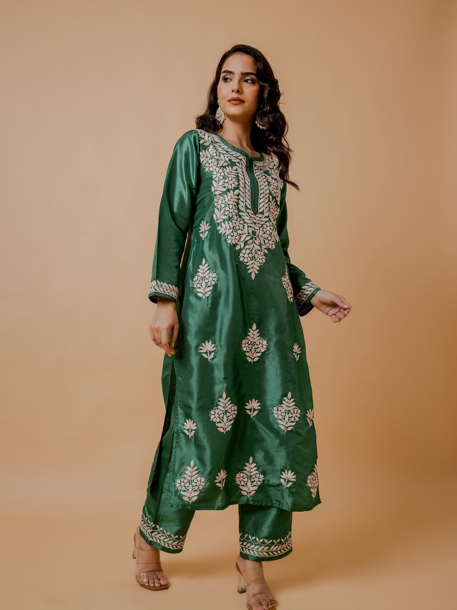 Urmi in Silk Chikankari Kurta Set for Women - Mehndi Green