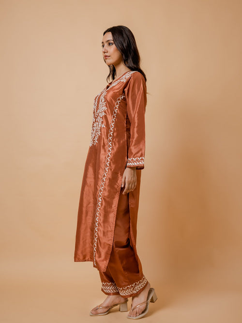 Kajal in Silk Chikankari Kurta Set for Women - Copper Brown