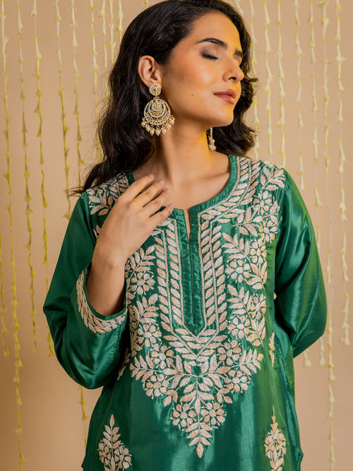 Saba Silk Chikankari Kurta Set for Women - Mehndi Green
