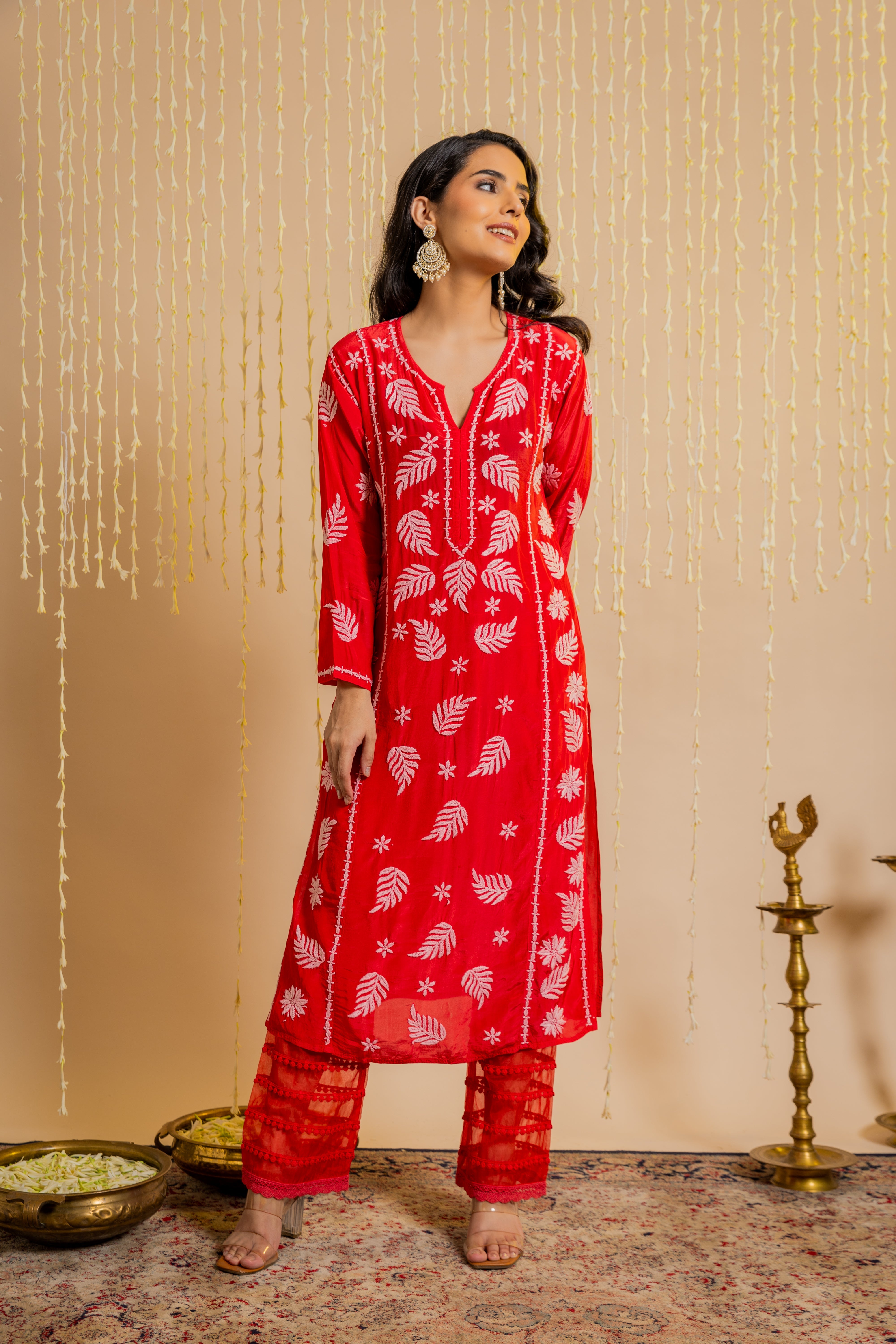 Fizaa Chikankari Crepe Silk Kurta for Women in Red Notch Neck