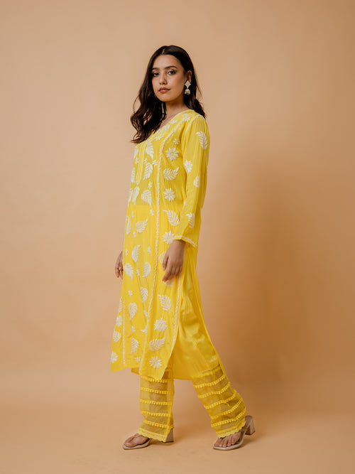 Fizaa Chikankari Crepe Silk Kurta for Women in Yellow Notch Neck