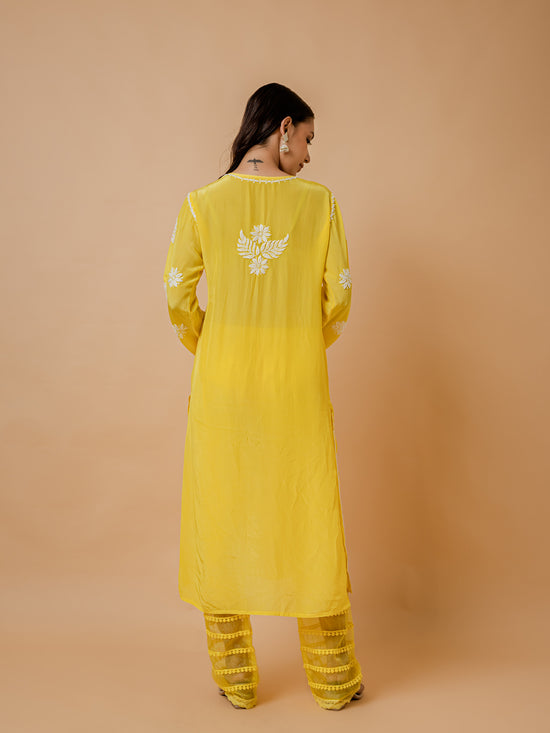 Fizaa Chikankari Crepe Silk Kurta for Women in Yellow Notch Neck
