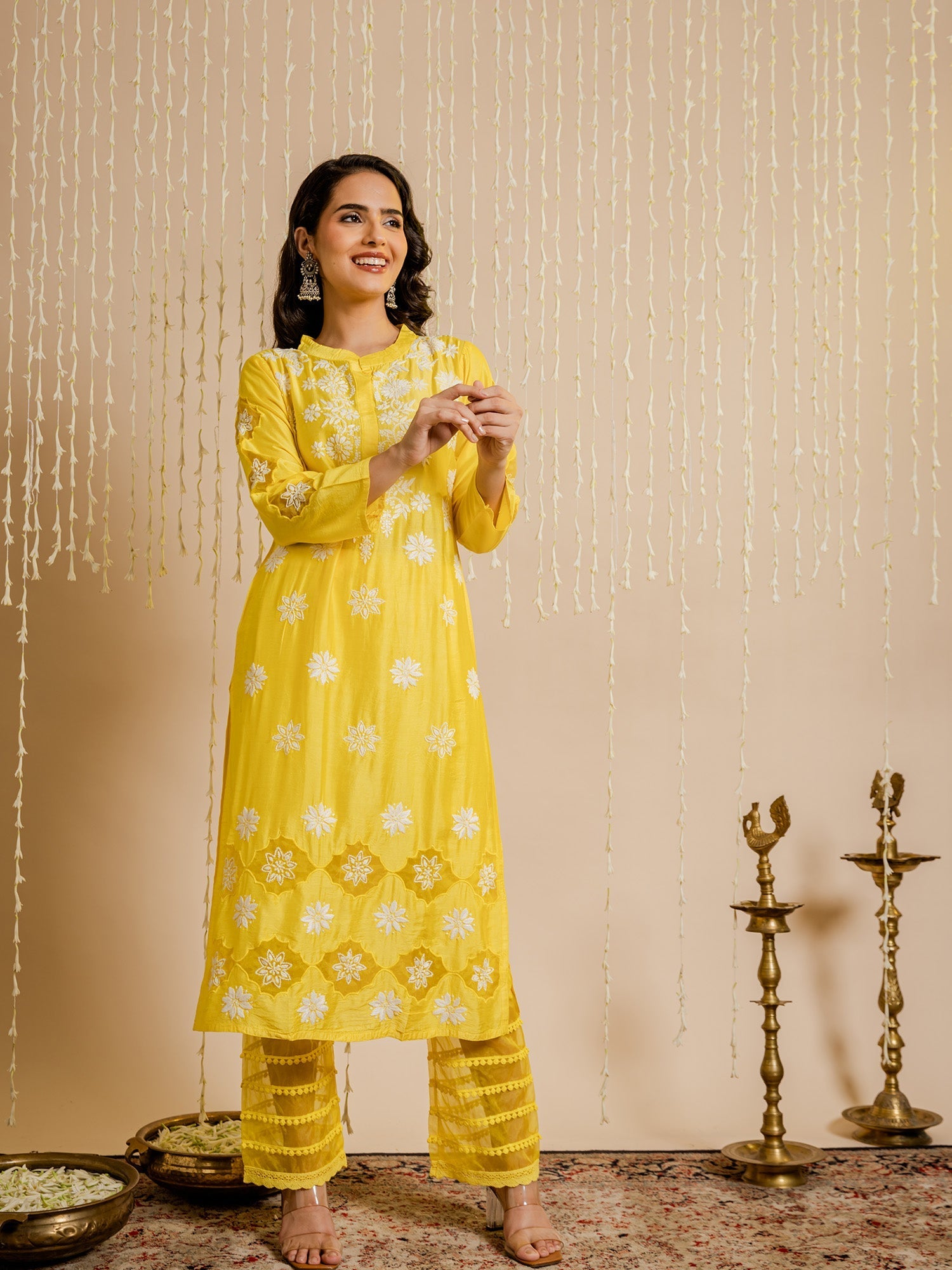 Aanchal Hans in Fizaa Yellow Chikankari Chanderi Silk Kurta Set