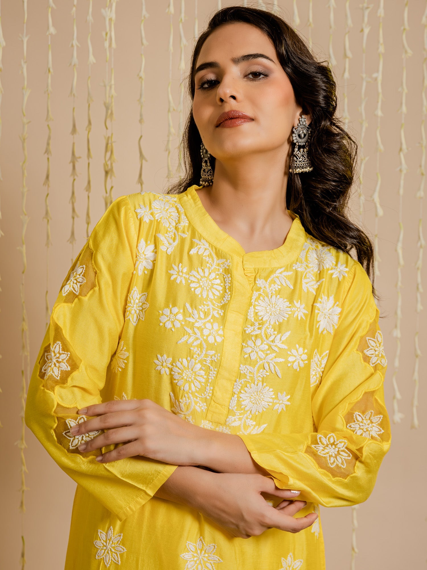 Fizaa Yellow Chikankari Chanderi Silk Kurta Set