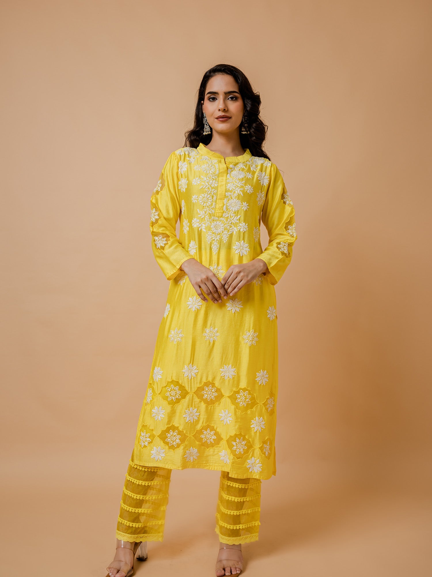 Fizaa Yellow Chikankari Chanderi Silk Kurta Set