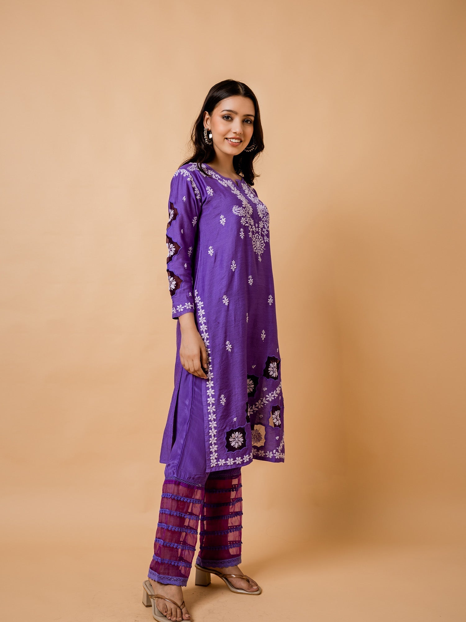 Purple Chikankari Chanderi Silk Kurta Set by Fizaa