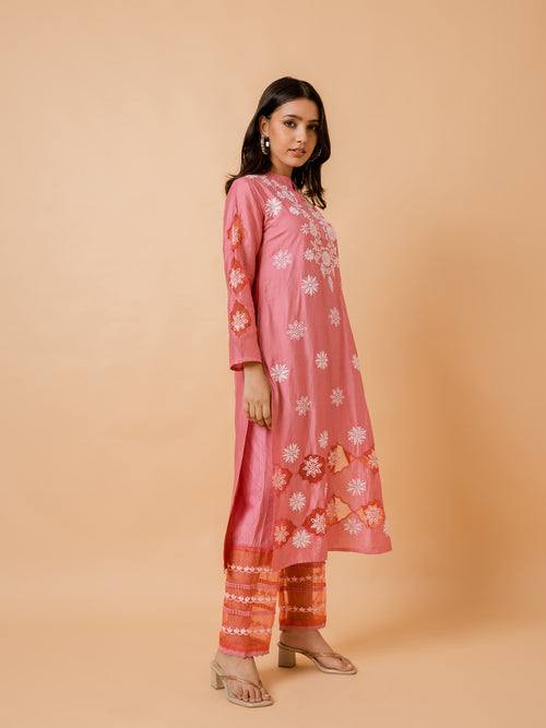 Fizaa Pink Chikankari Chanderi Silk Kurta Set
