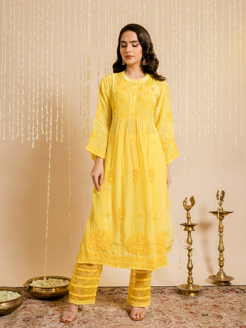 Fizaa Chikankari Crepe Silk Kurta Set for Women Yellow