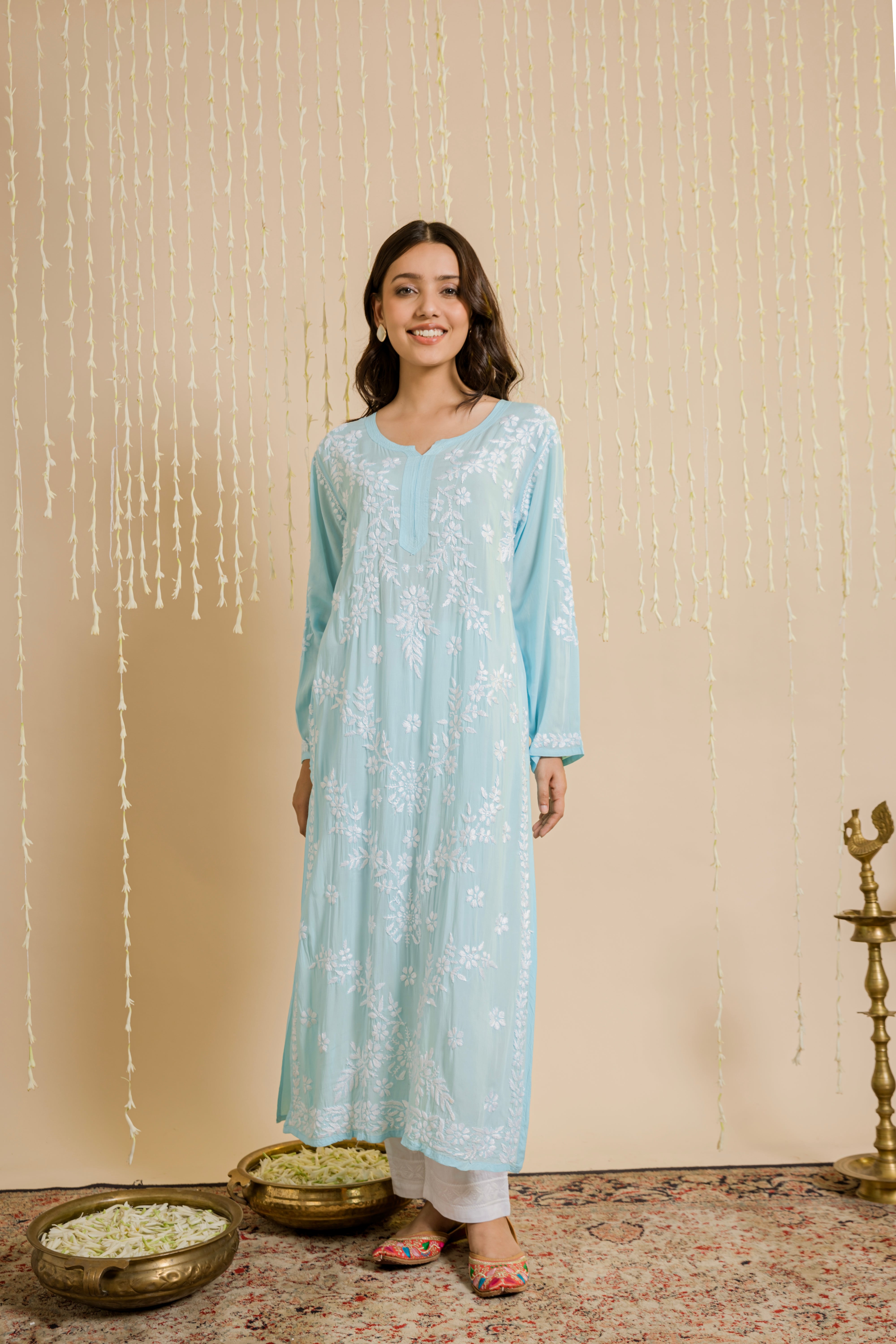 Samma Chikankari Long Kurti In Modal Cotton for Women- Blue