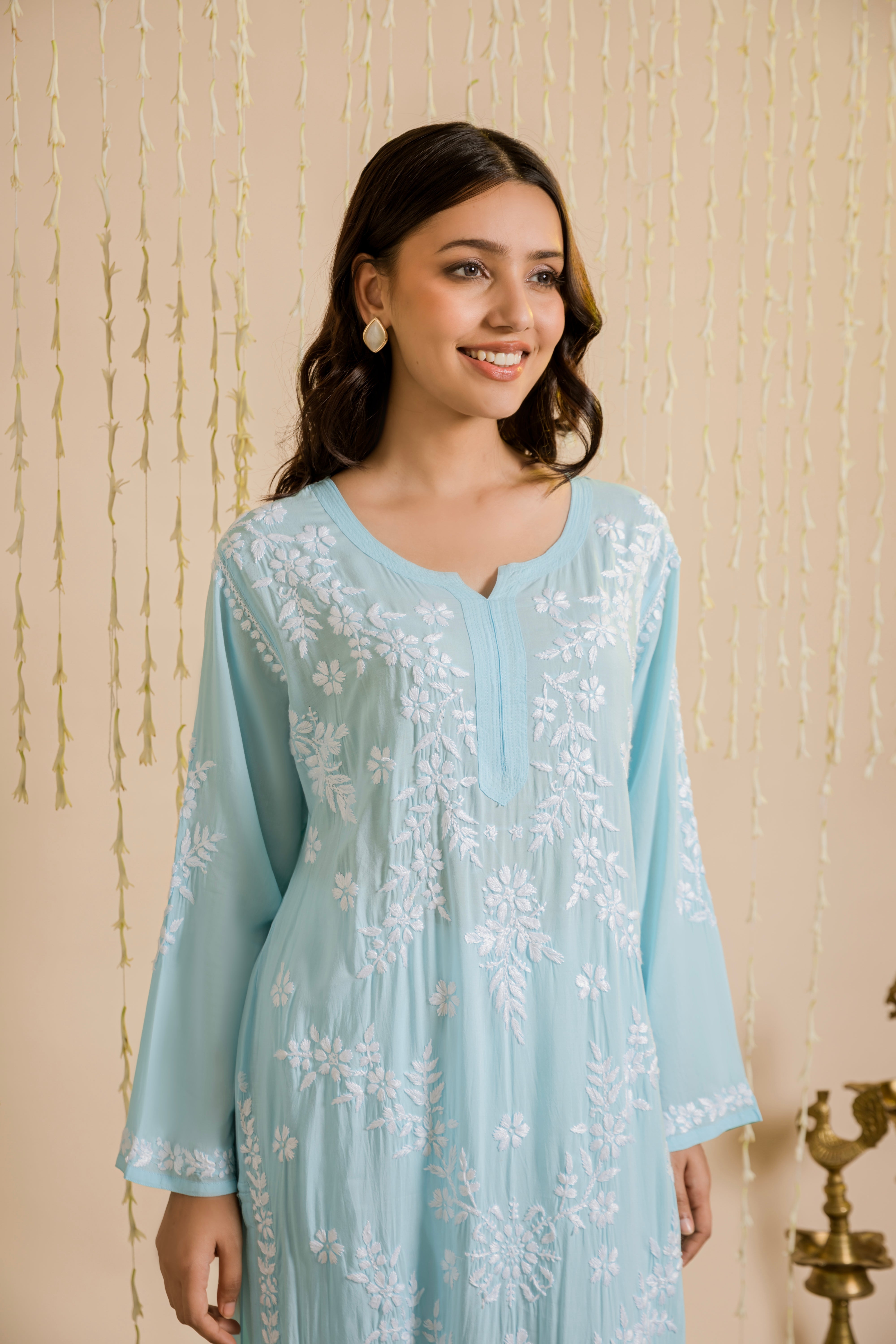 Samma Chikankari Long Kurti In Modal Cotton for Women- Blue