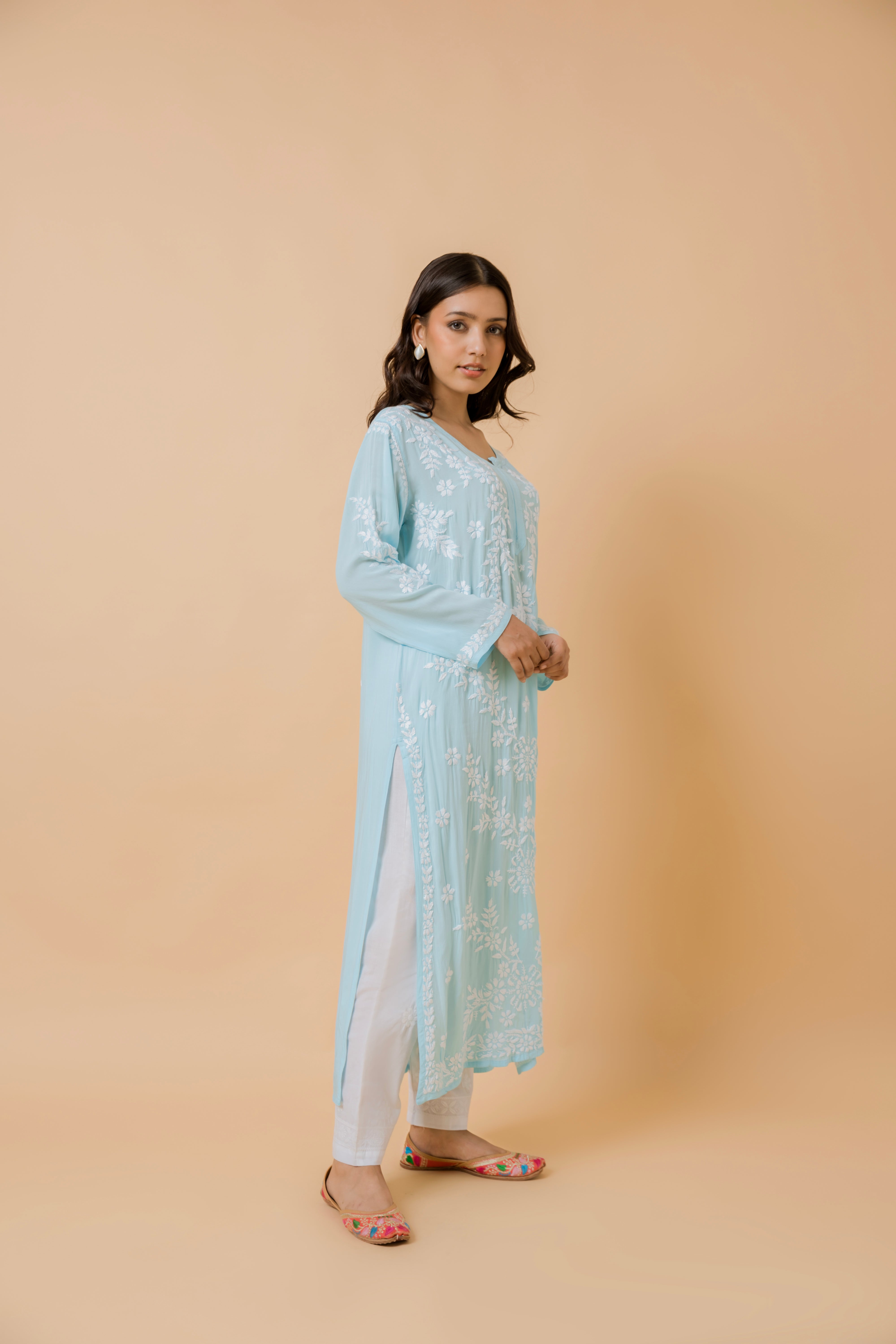 Samma Chikankari Long Kurti In Modal Cotton for Women- Blue