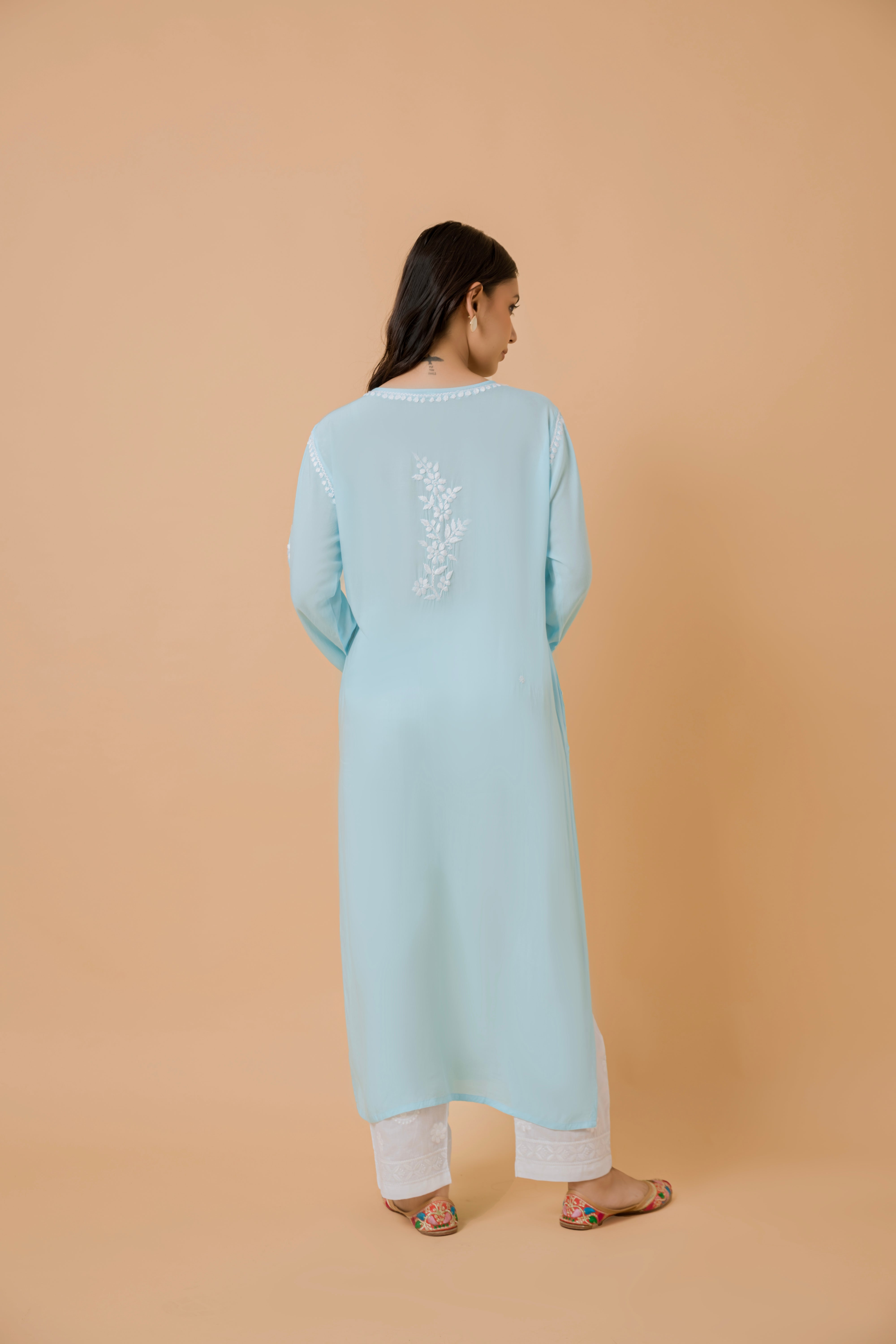 Samma Chikankari Long Kurti In Modal Cotton for Women- Blue