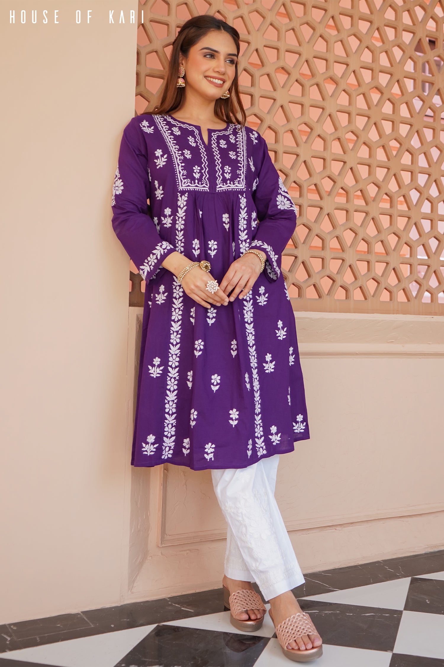 Cotton Chikankari Flared Kurta in Purple