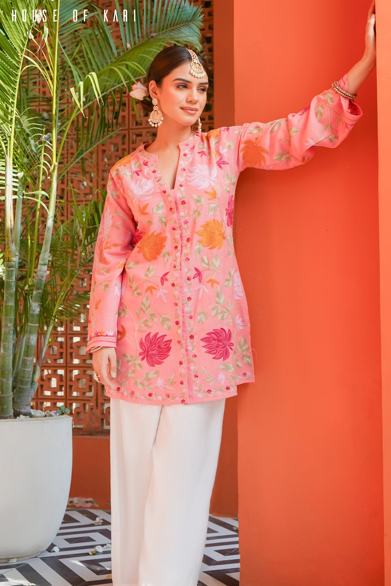 Kashmiri Aari Work Cotton Kurta Jacket – Pink