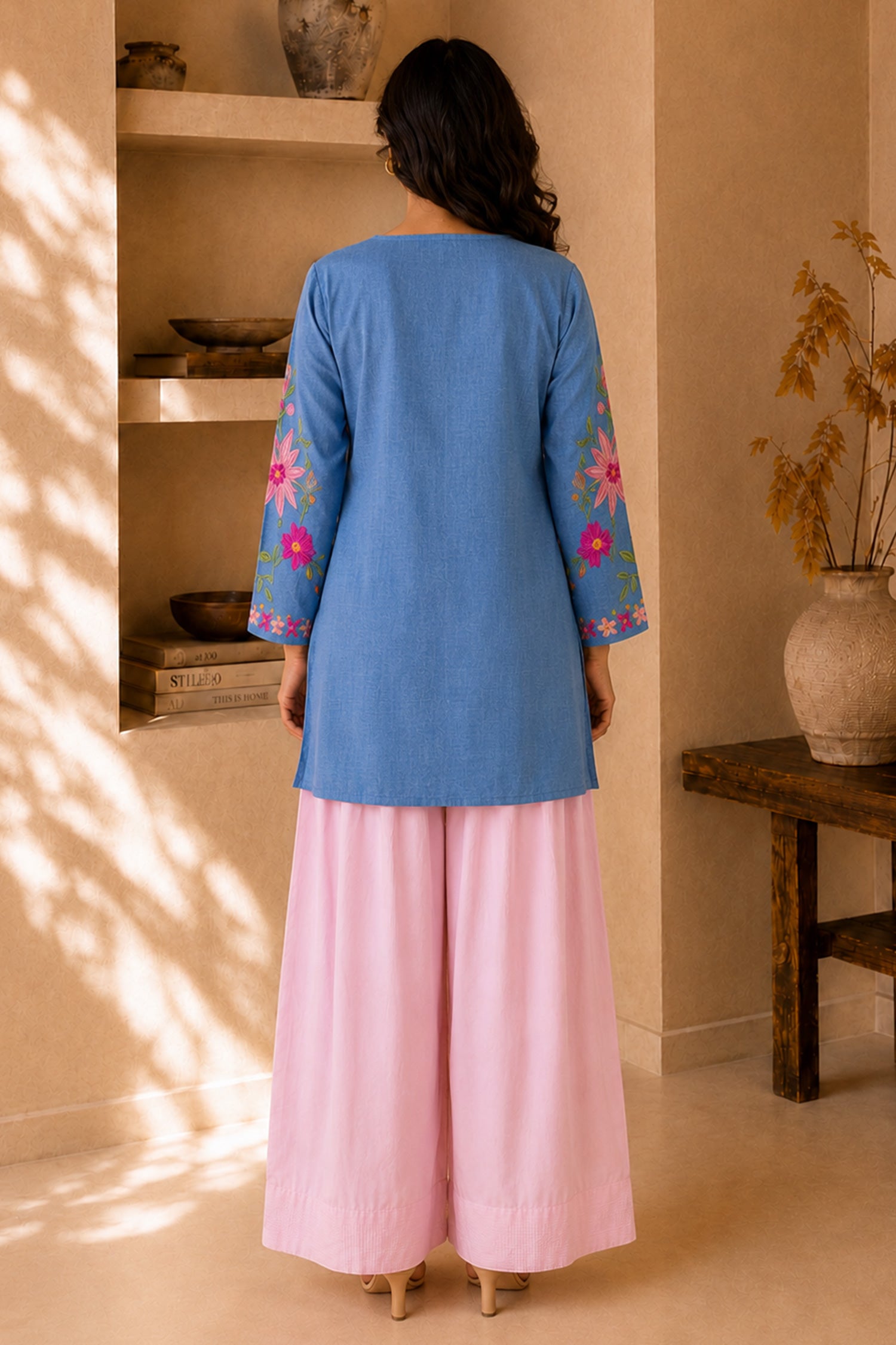Kashmiri Aari Denim Short Kurta Notch Neck - Blue